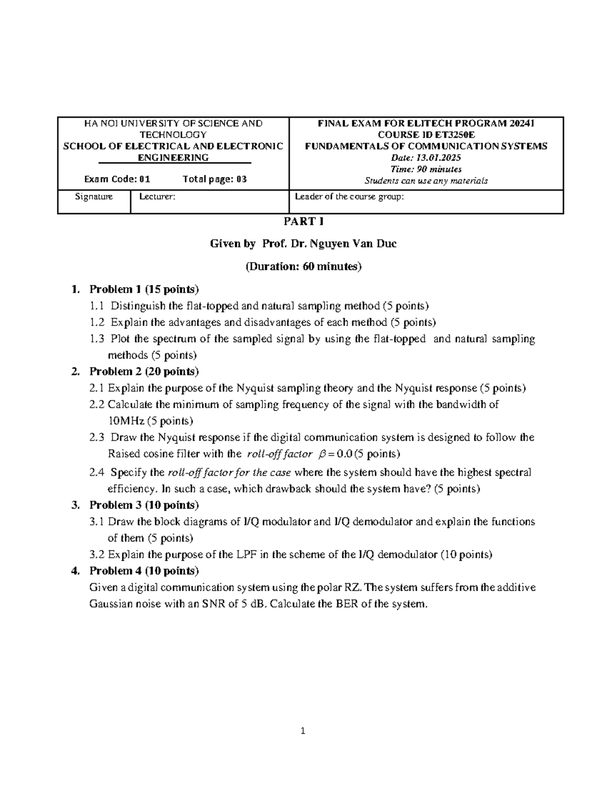 Final Exam ET3250E: Fundamentals of Communication Systems 20241 - Studocu