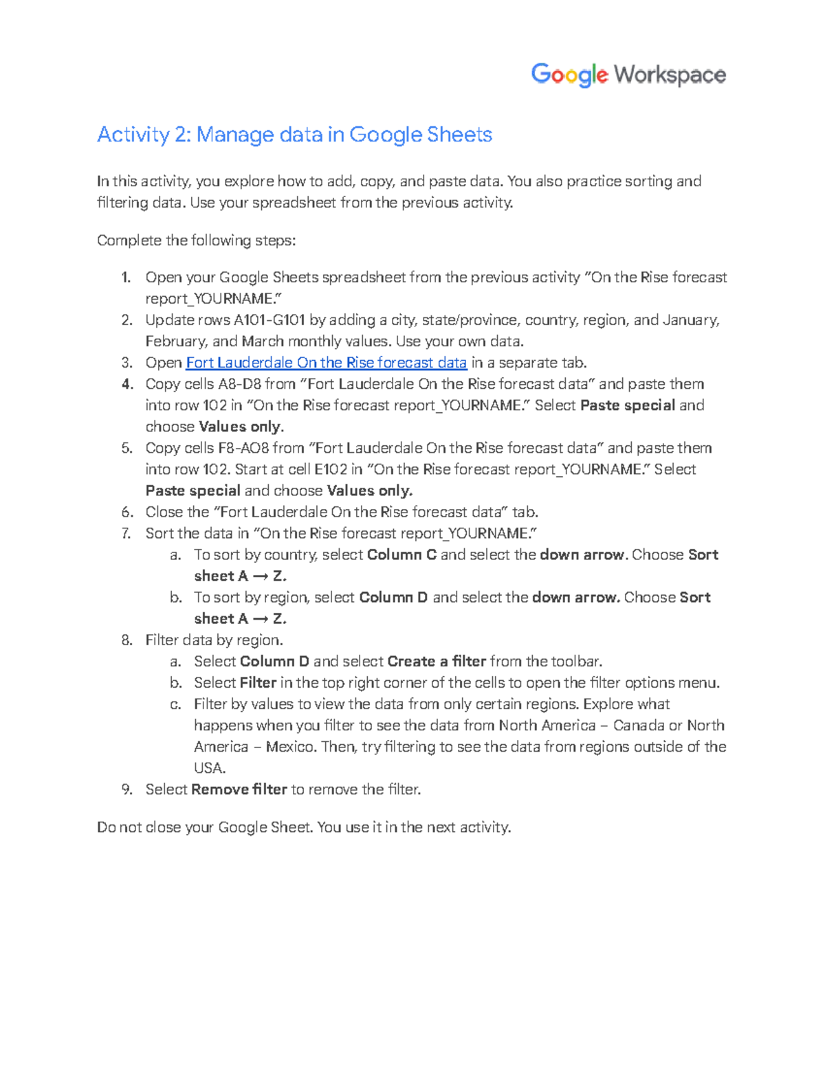 Activity 2: Managing Data in Google Sheets - Sorting & Filtering - Studocu