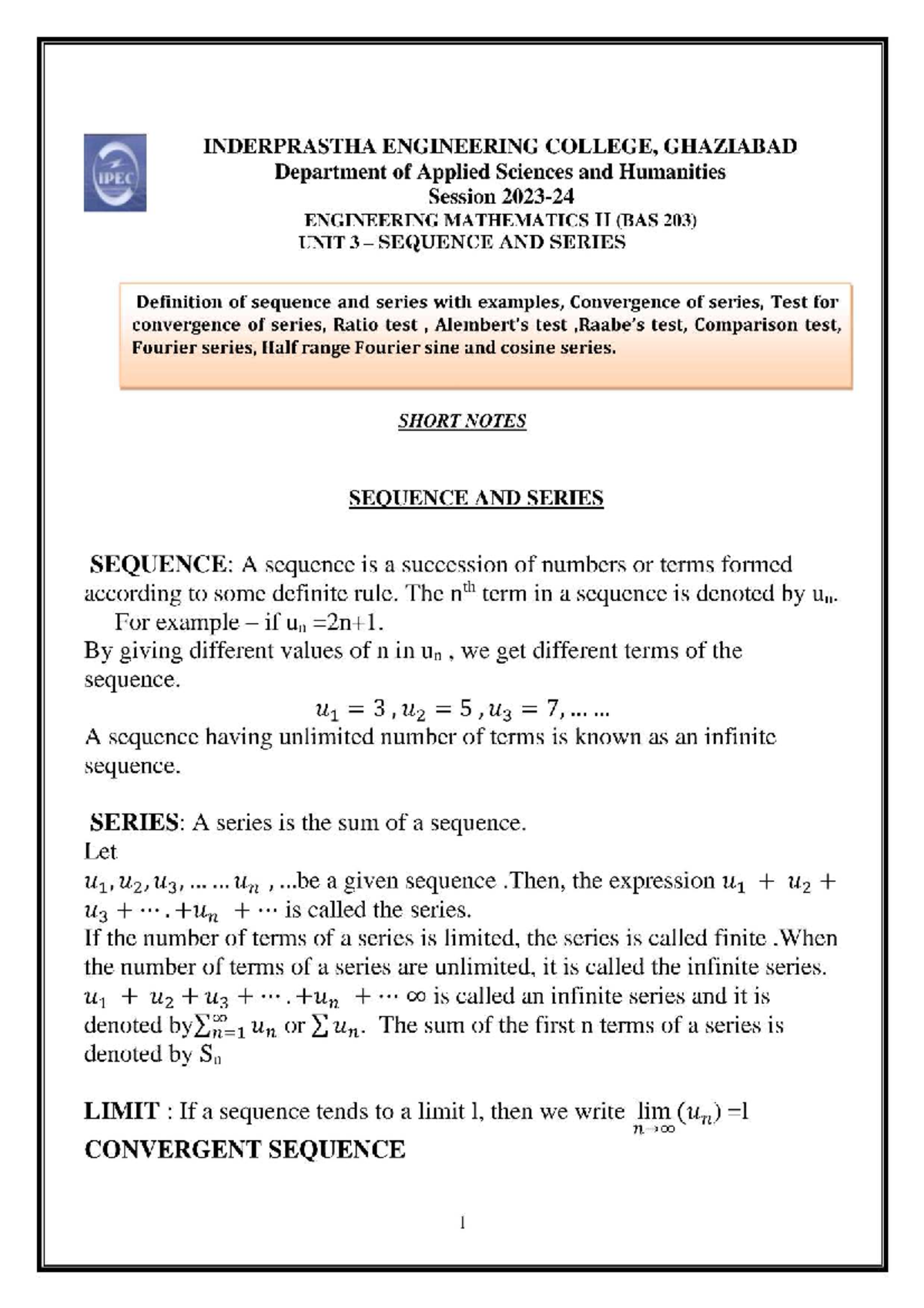 Engineering Mathematics II (BAS 203) Unit 3: Sequence and Series Notes ...