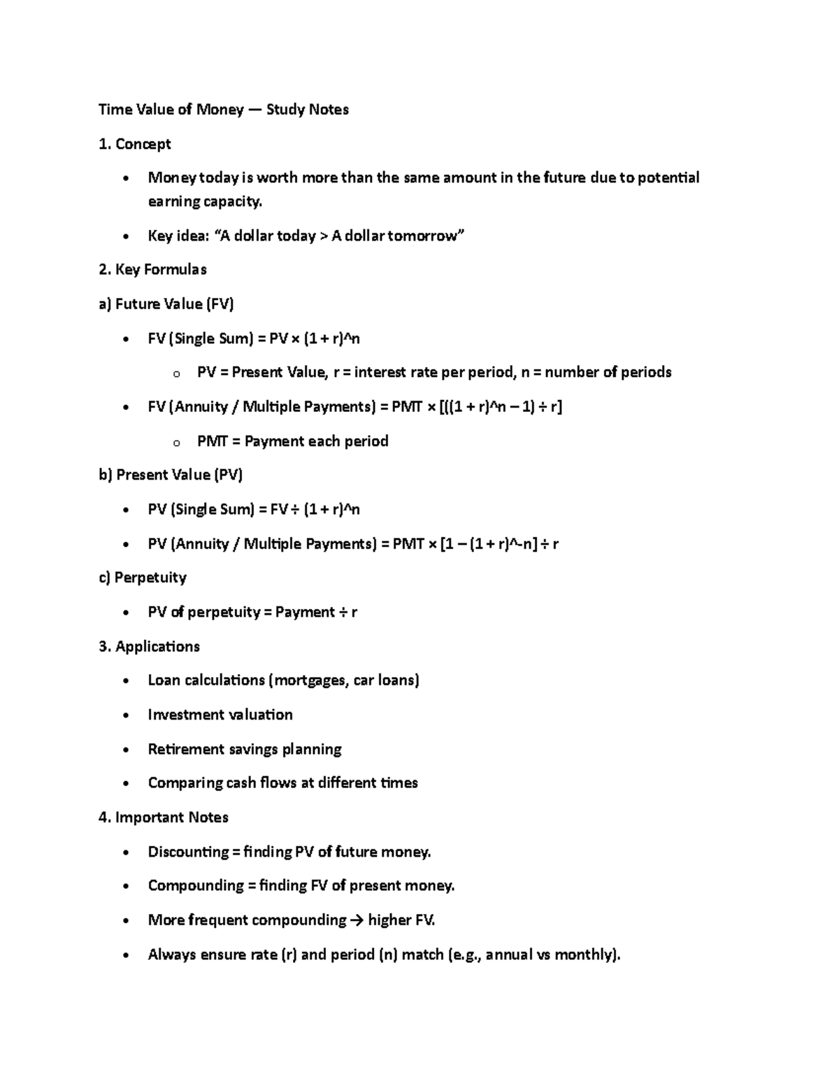 Time Value of Money Study Notes: Key Concepts & Formulas - Studocu