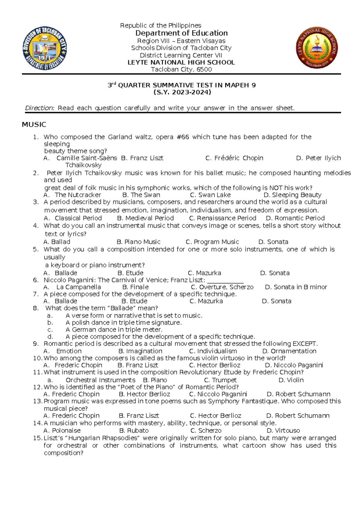 3RD Quarter Summative Test in MAPEH 9 (S.Y. 2023-2024) - Studocu