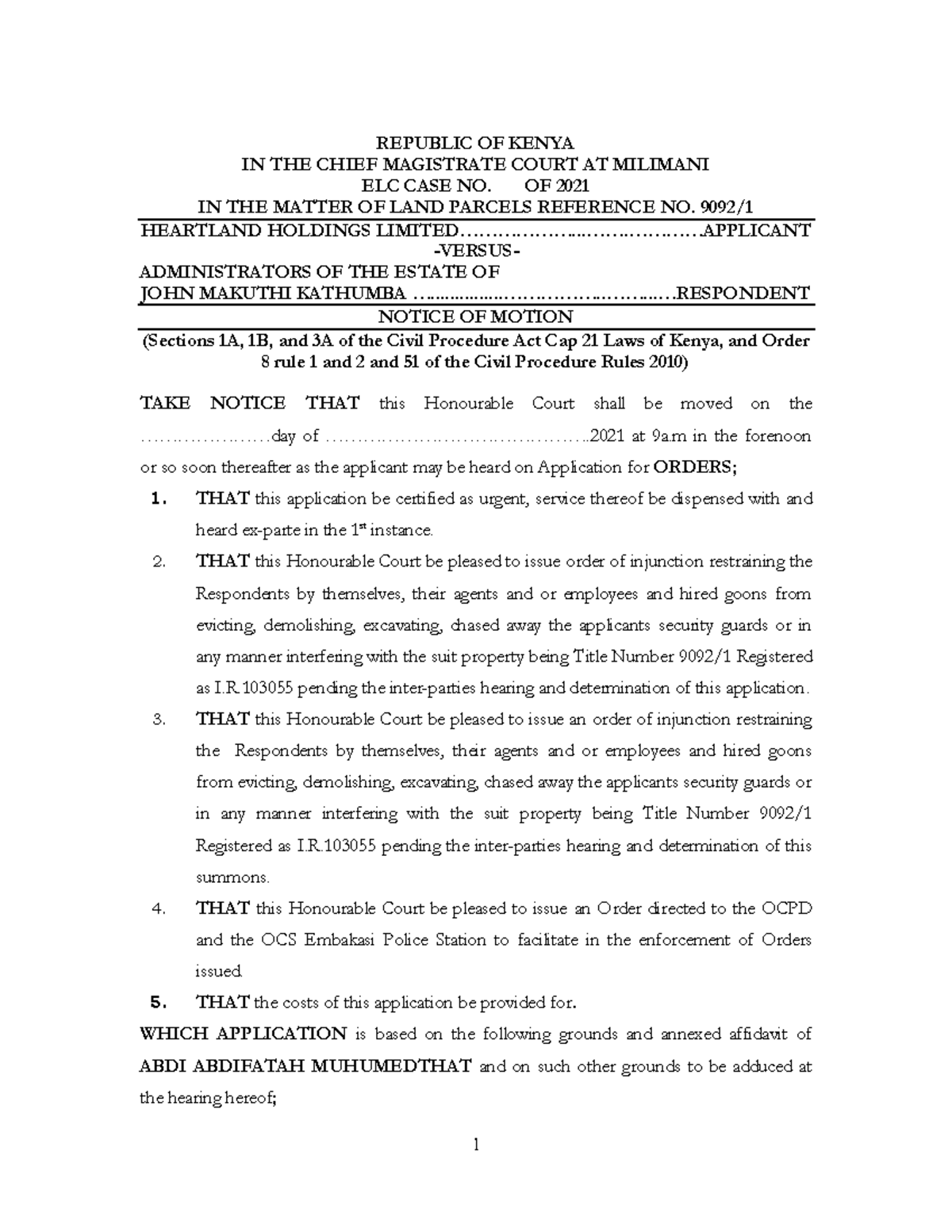 ELC CASE NO. OF 2021: Notice of Motion for Injunction Orders - Studocu