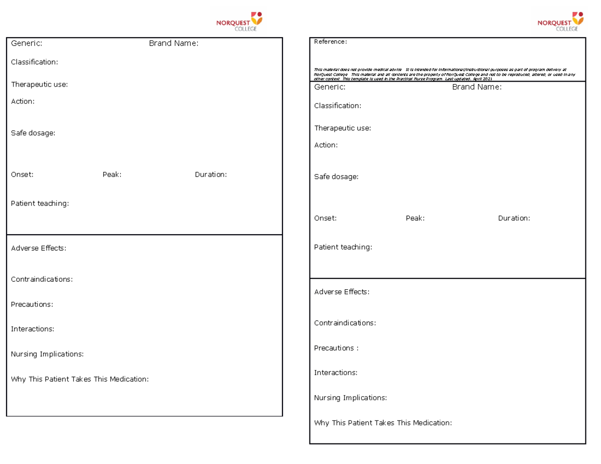 Medication Research Template for Practical Nurse Program (Updated 2021 ...