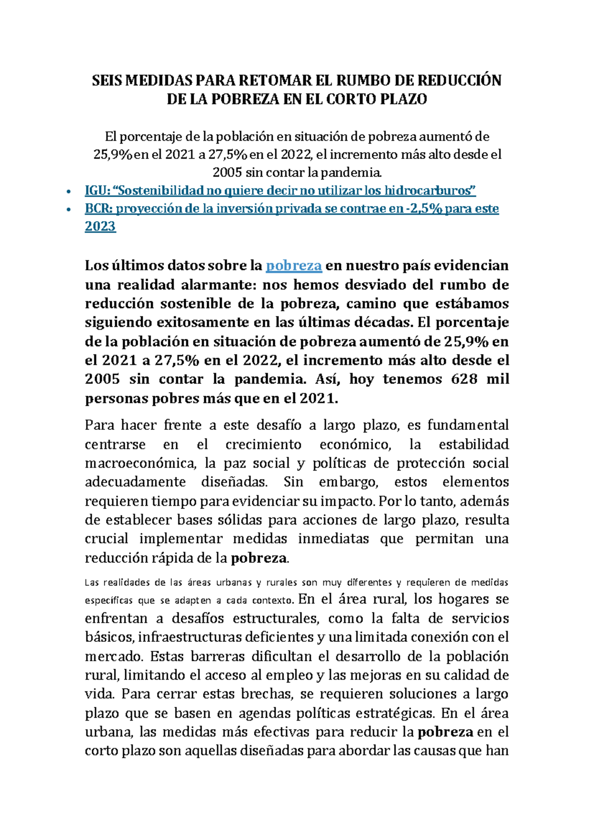 SEIS MEDIDAS PARA RETOMAR LA REDUCCIÓN DE LA POBREZA EN EL C.P. - Studocu