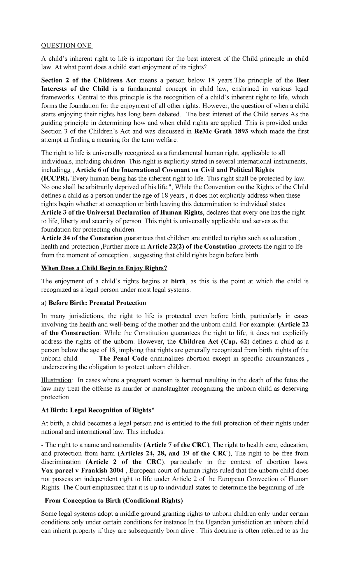 Cw 1 - The Inherent Right to Life and Child Rights in Law - Studocu