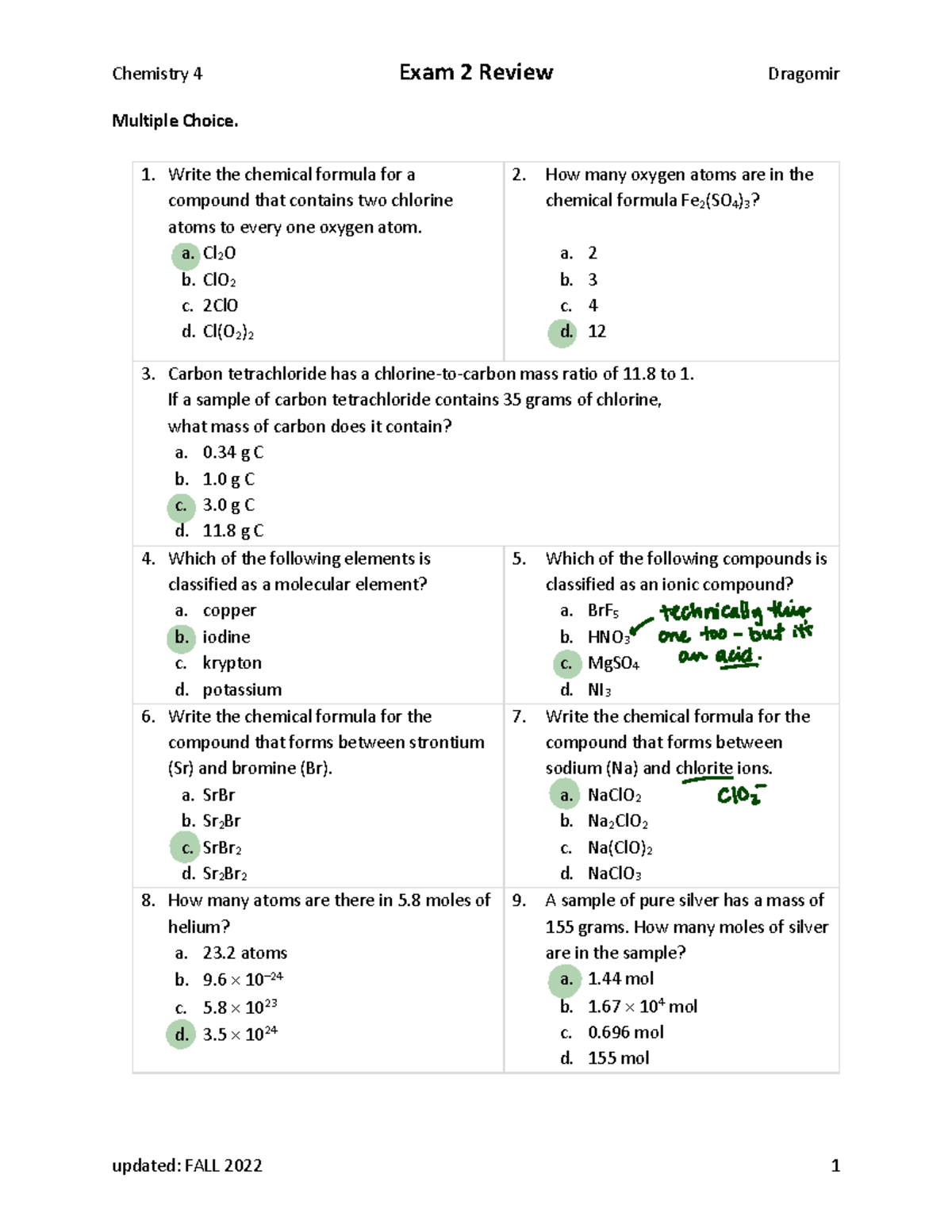 Chemistry 4 F22 Exam 2 Review Solutions by Dragomir - Studocu