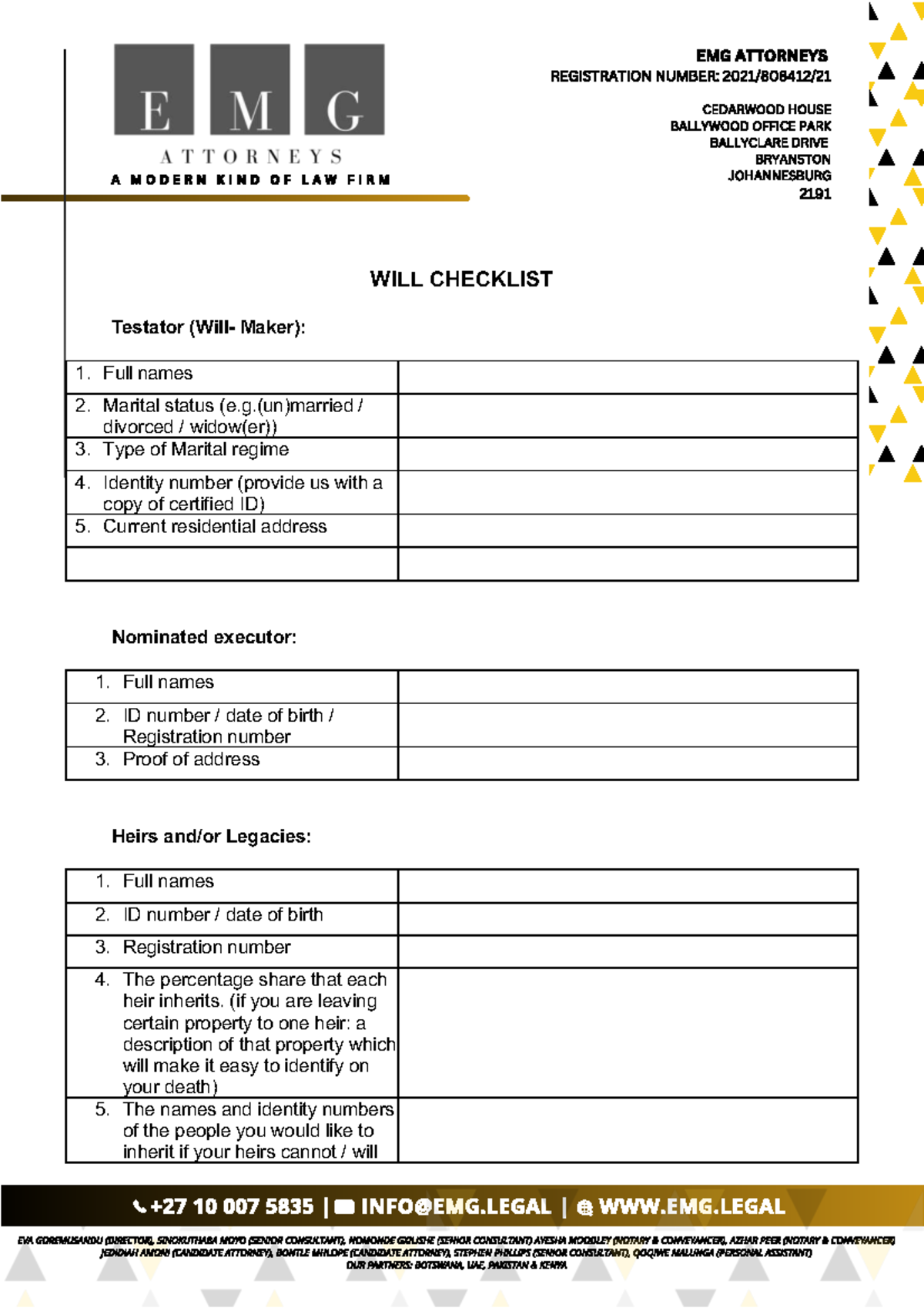 WILL CHECKLIST for Testators - HNS - Studocu