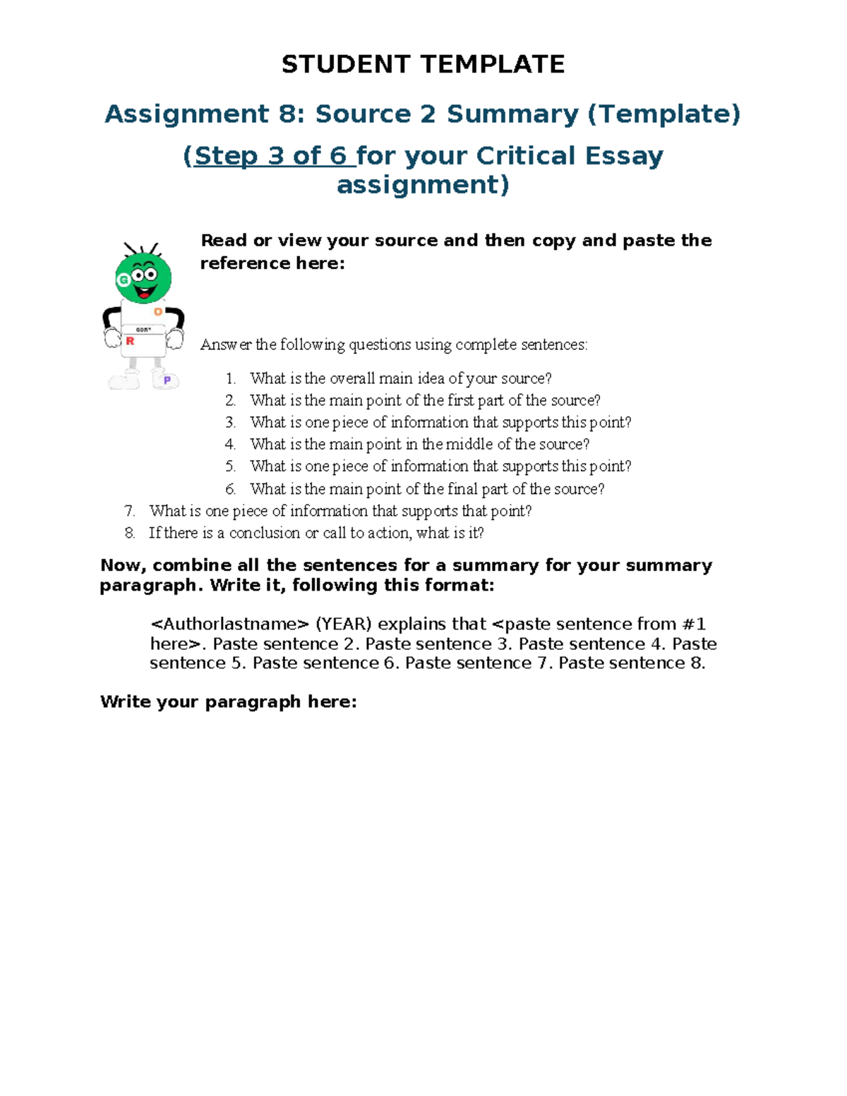 Critical Essay Assignment 8: Source 2 Summary Template - Studocu