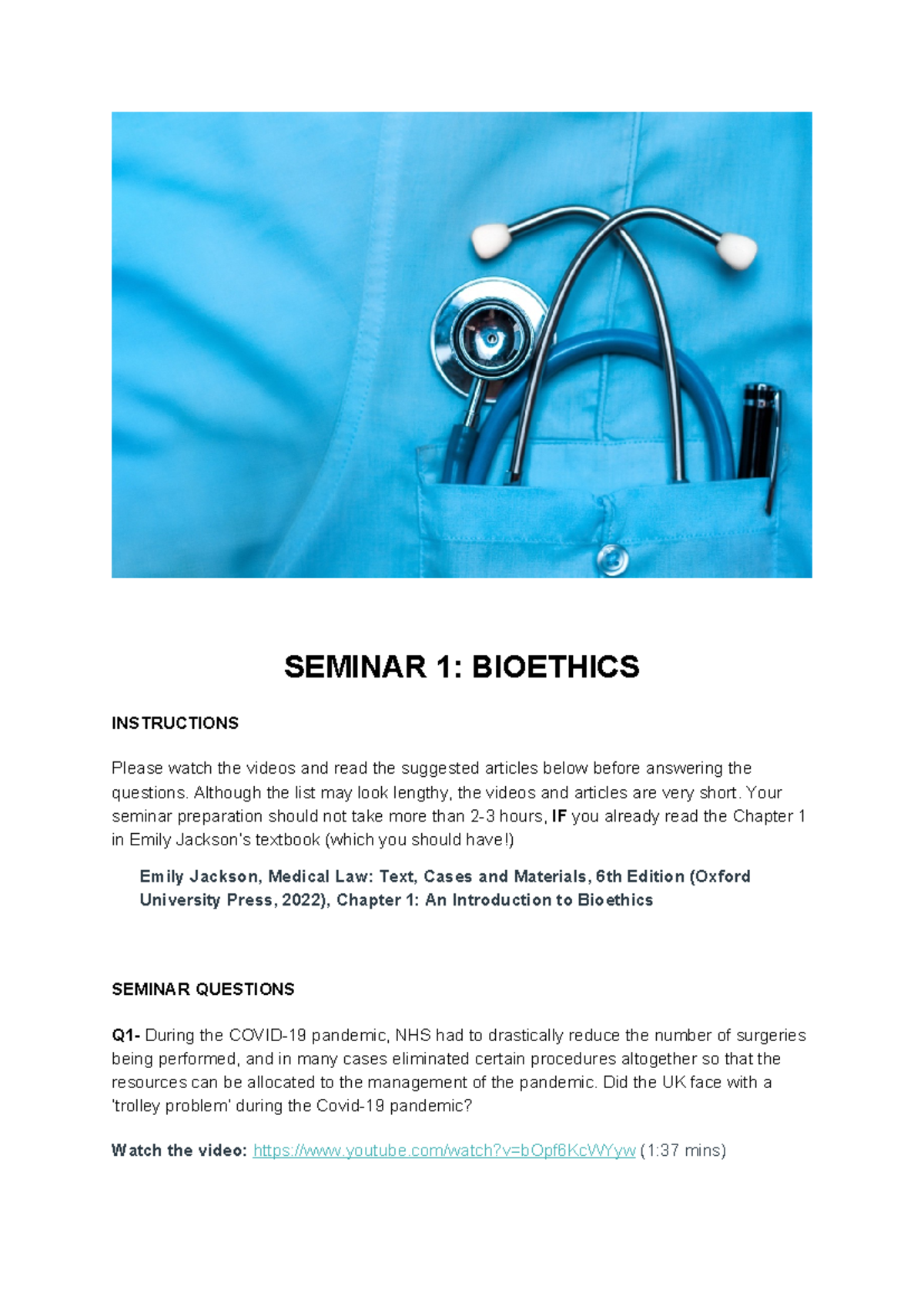 SEMINAR 1: BIOETHICS DISCUSSION & CASE ANALYSIS 2024 - Studocu