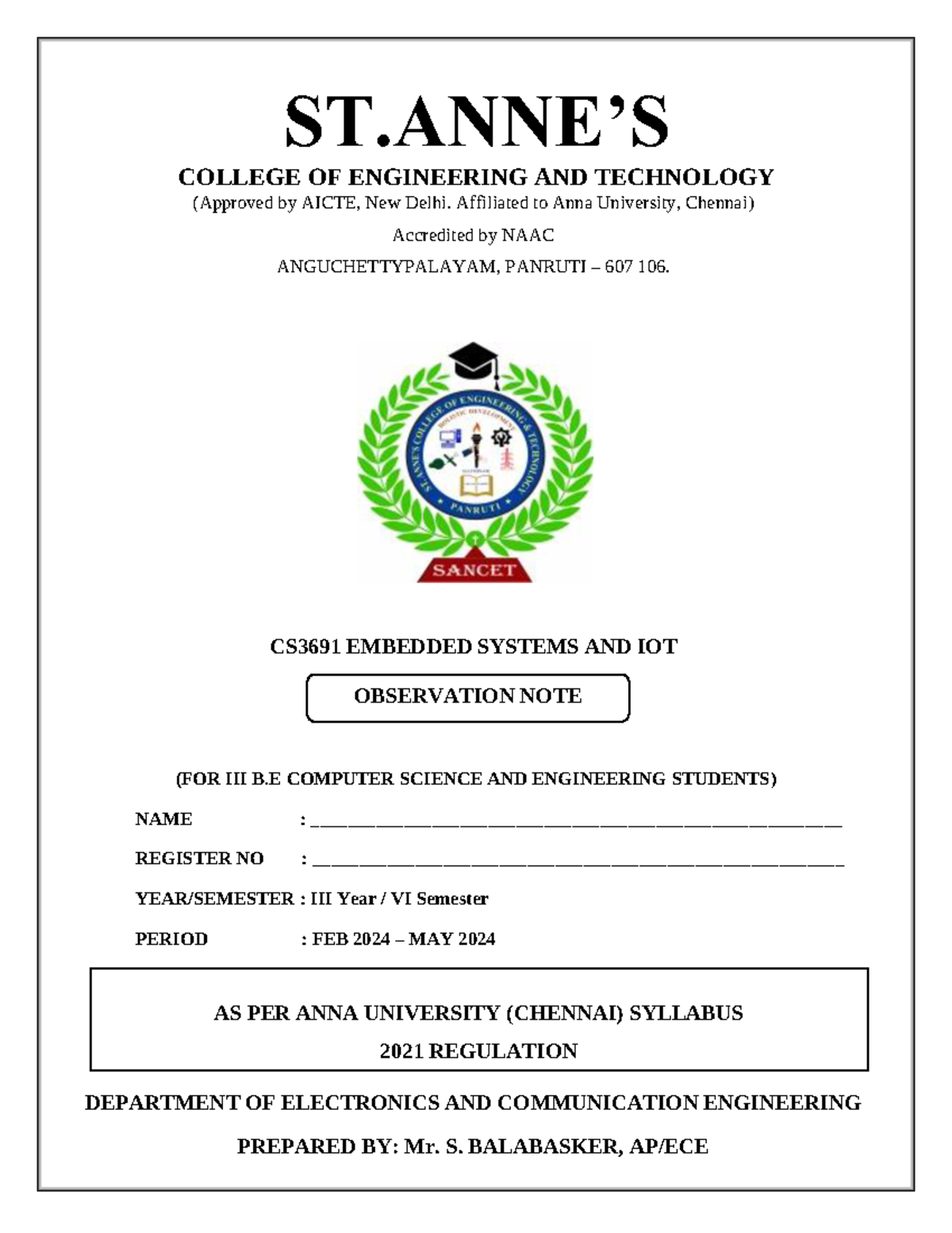 CS3691 Embedded Systems and IoT Lab Manual - Observation Notes - Studocu