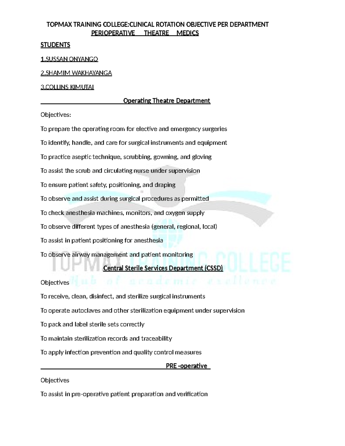 TOPMAX TRAINING COLLEGE: CLINICAL ROTATION OBJECTIVES POTT - Studocu
