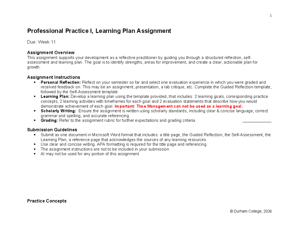 Learning Plan Assignment (PROF 1) - Reflective Practitioner Guide - Studocu