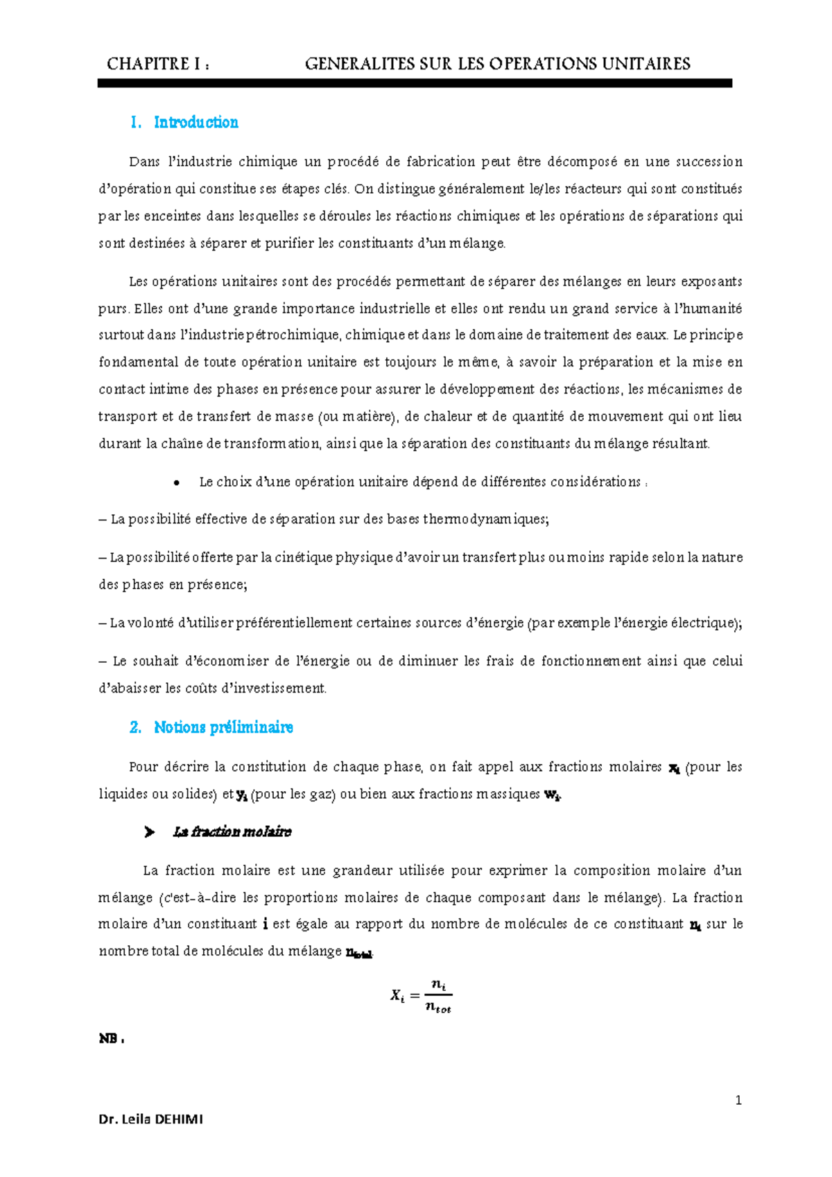 CHAPITRE I : GENERALITES SUR LES OPERATIONS UNITAIRES - Studocu