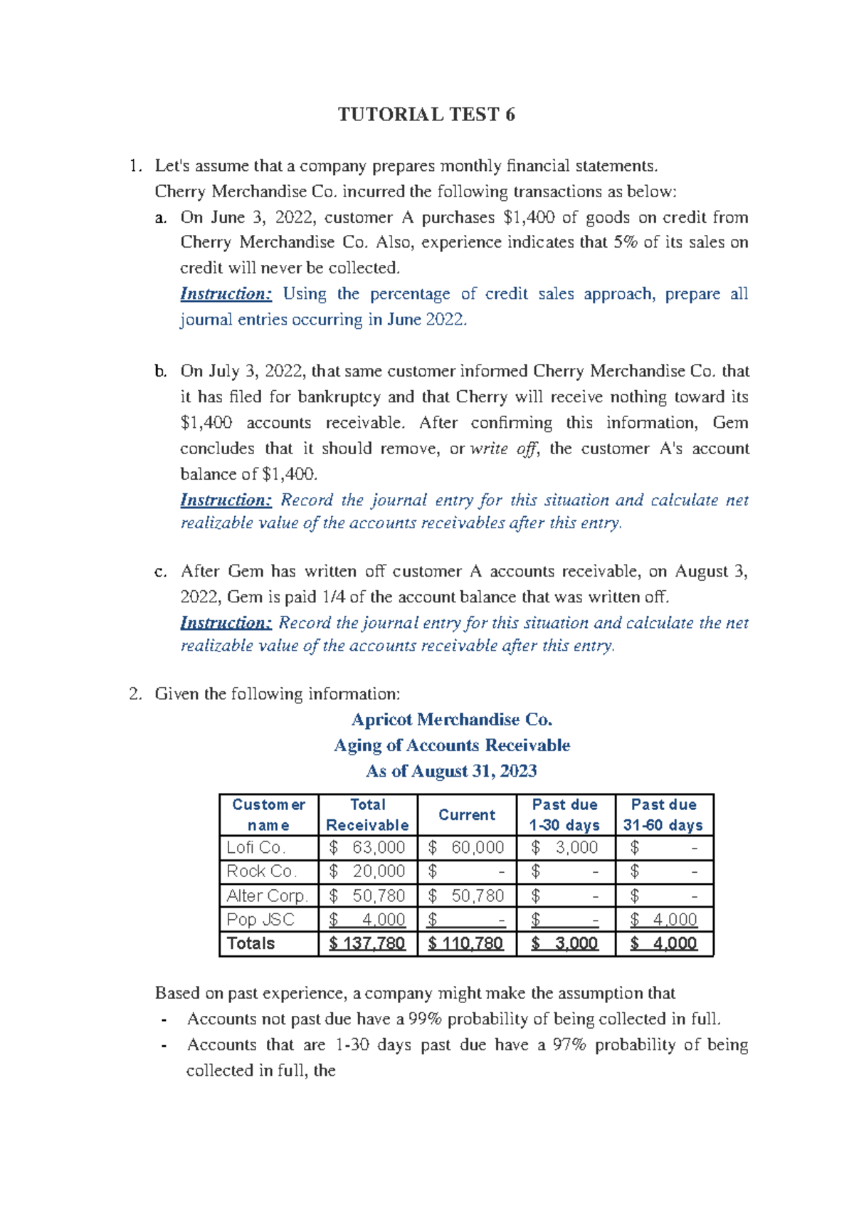 Tutorial Test 6 - Financial Statements & Accounts Receivable Analysis ...