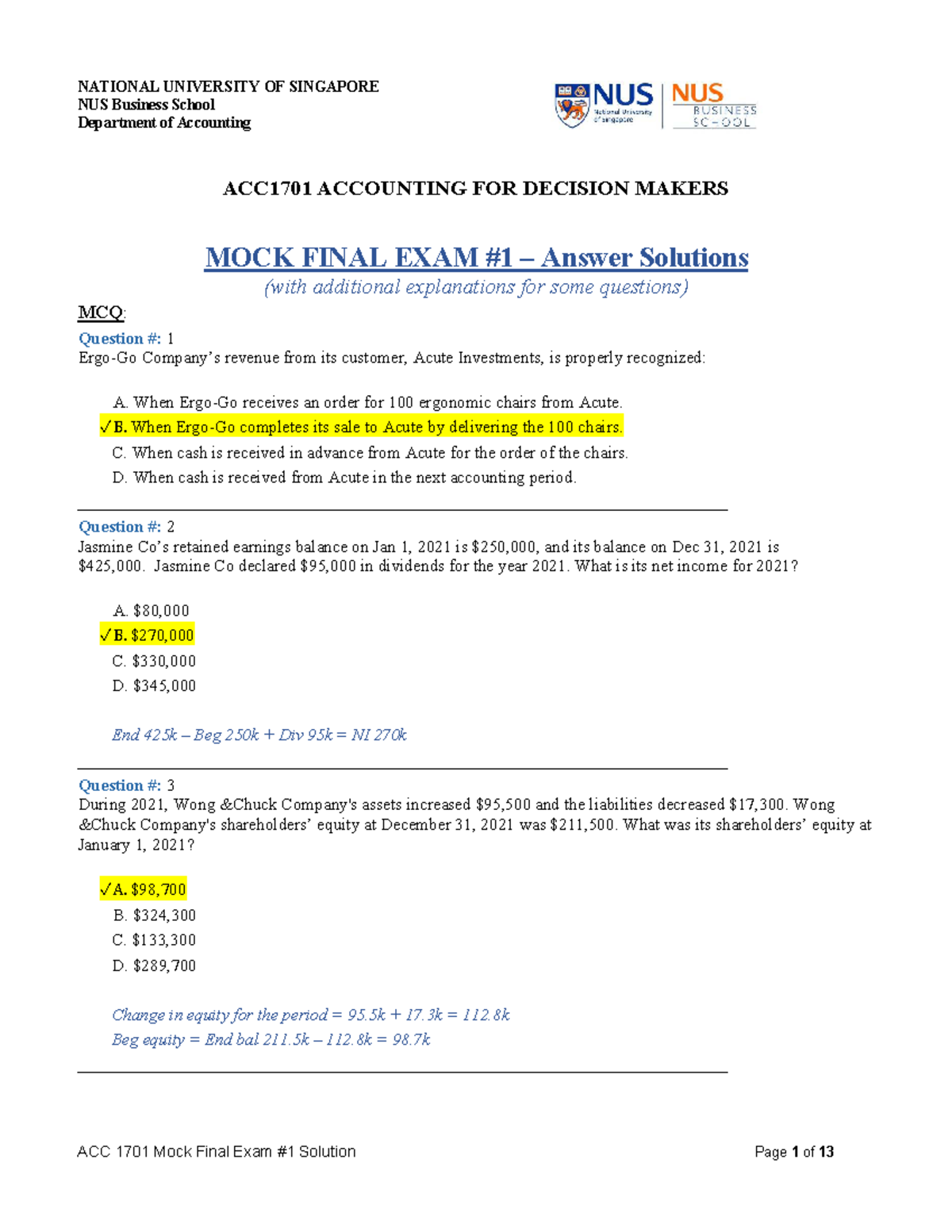 ACC1701 Mock Final Exam Answer Solutions with Explanations - Studocu