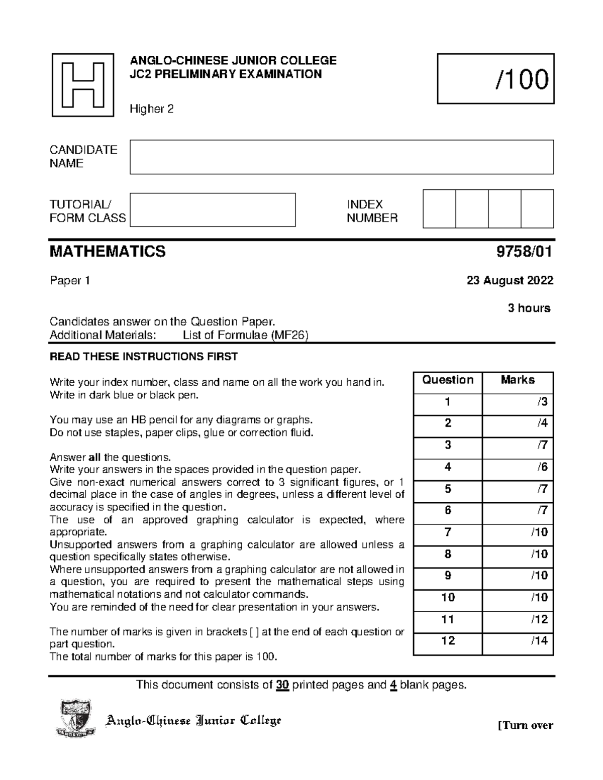 2022 H2 JC2 Mathematics Preliminary Exam Paper 1 - Studocu