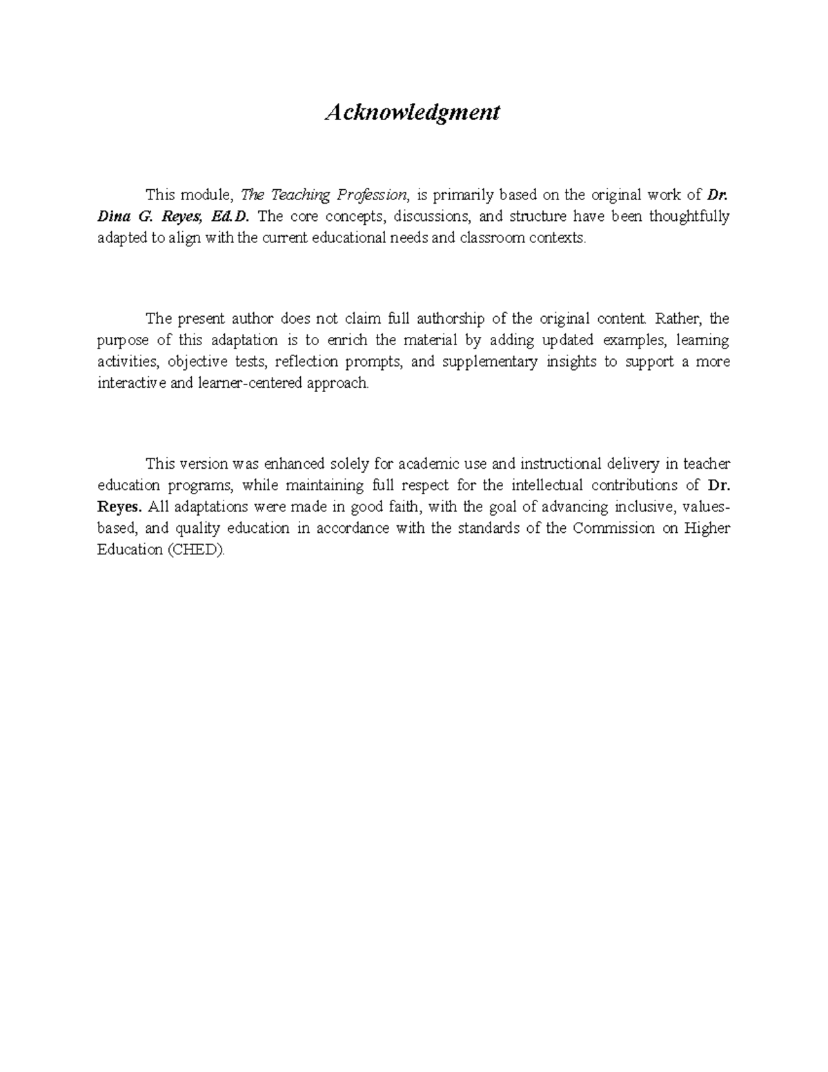 Teaching Profession Module Acknowledgment - Ed.D Adaptation - Studocu