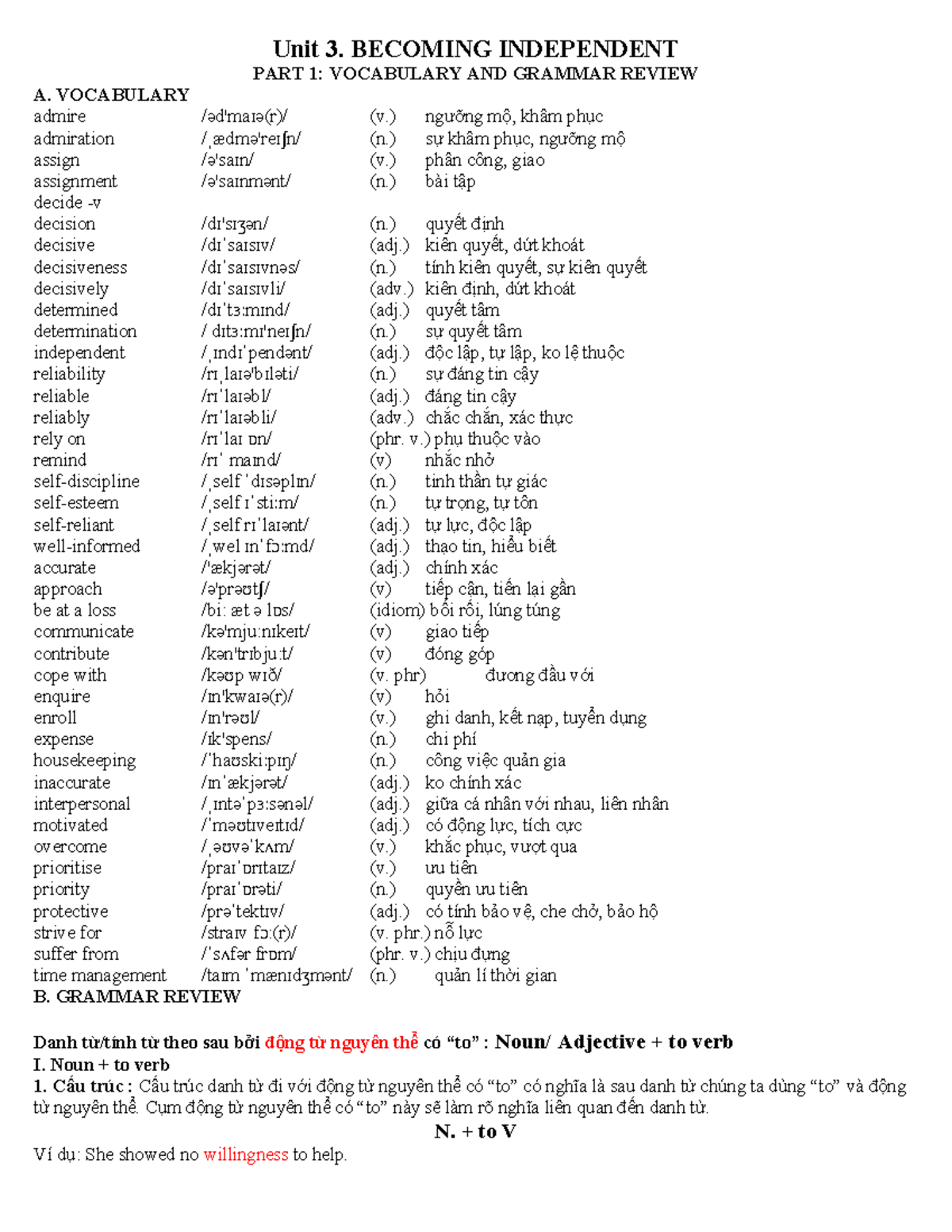 Unit 3 - Vocabulary and Grammar Review Exercises - Studocu