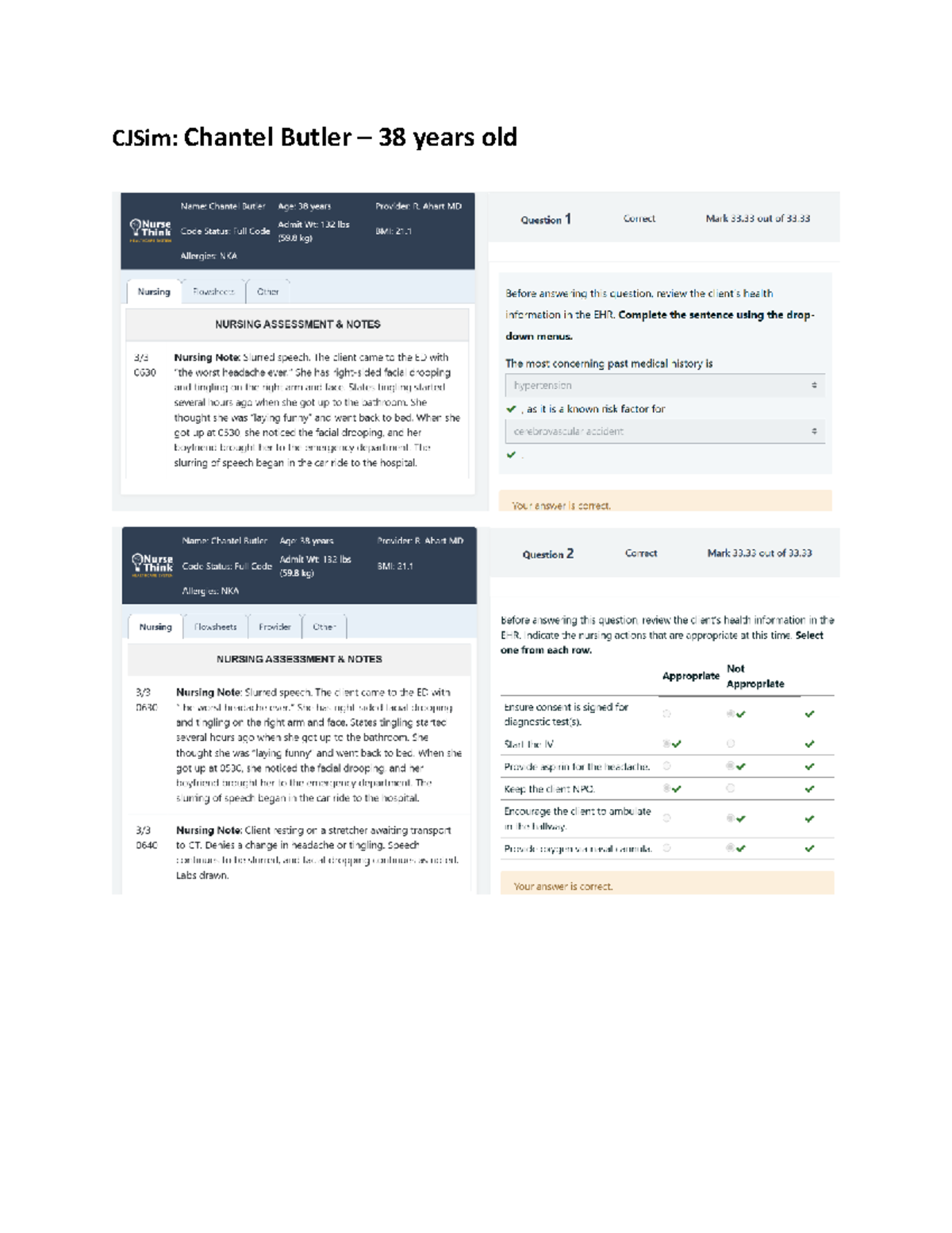 CJSim Case Study: Nursing Assessment for Chantel Butler (38 y/o) - Studocu