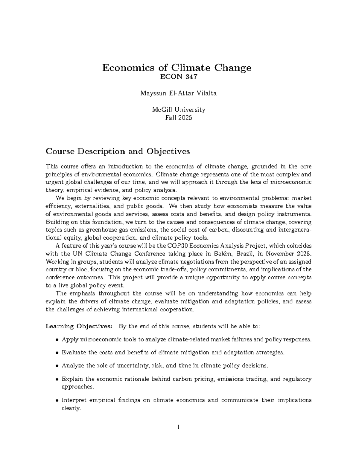 ECON 347: Syllabus for Climate Change Economics Course - Studocu