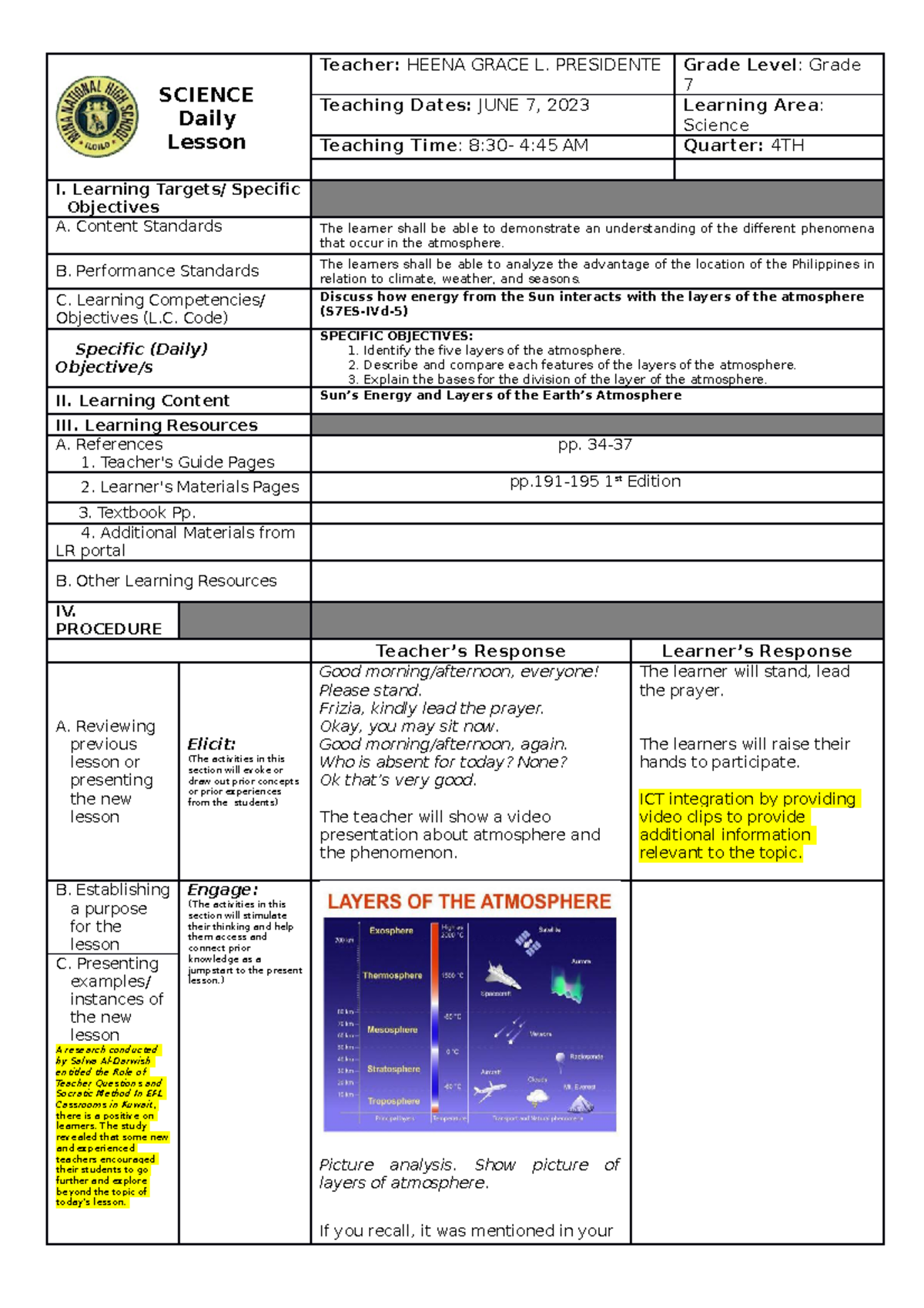 COT DLP Science Weekly Lesson Plan for Grade 7 - 4th Quarter - Studocu