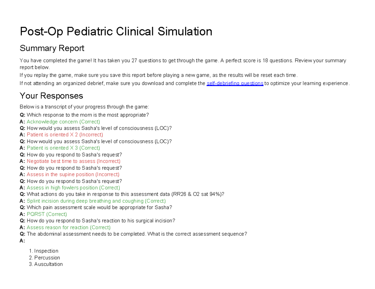 Pediatric Clinical Simulation Summary Report: Post-Op Game Analysis ...