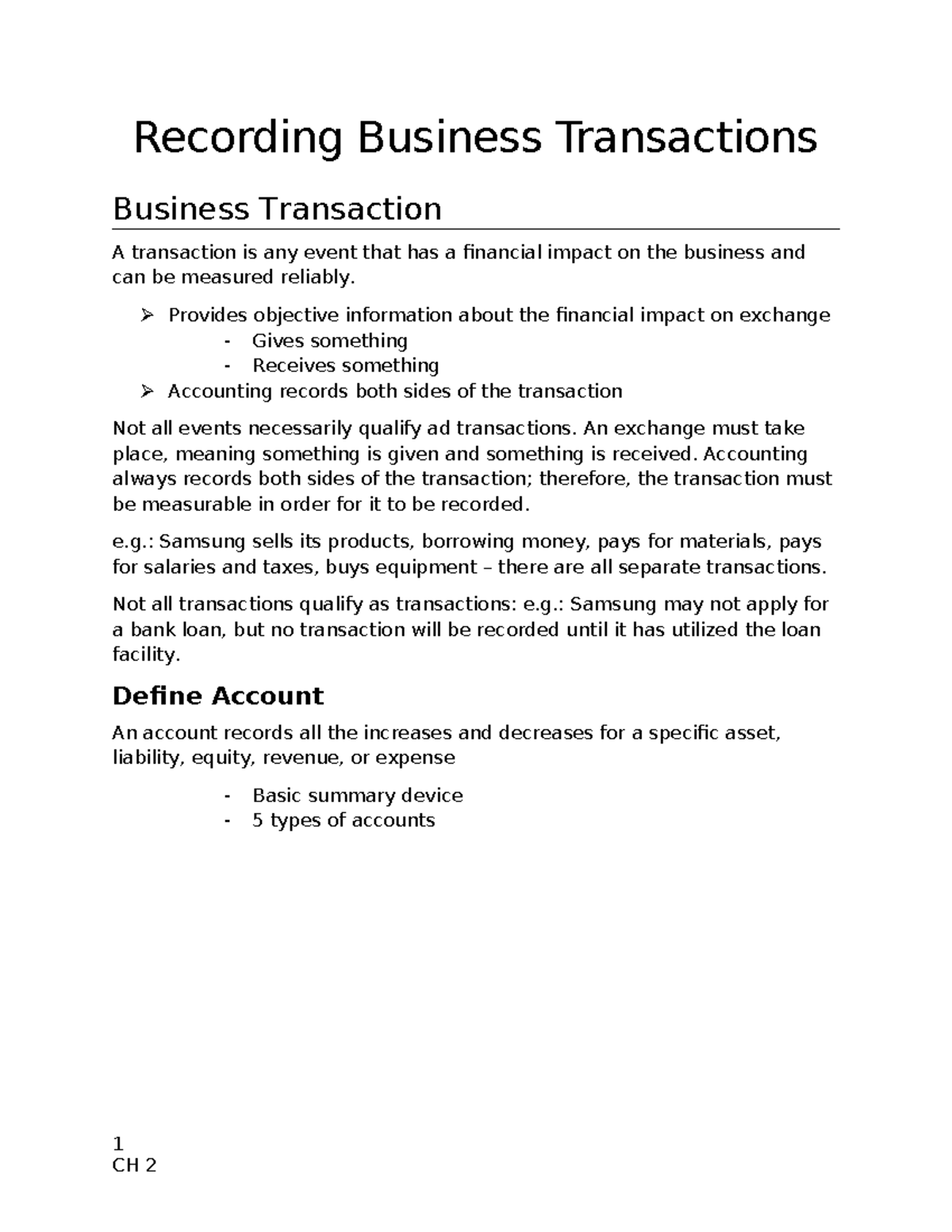 CH2 - Summary of Recording Business Transactions and Accounts - Studocu