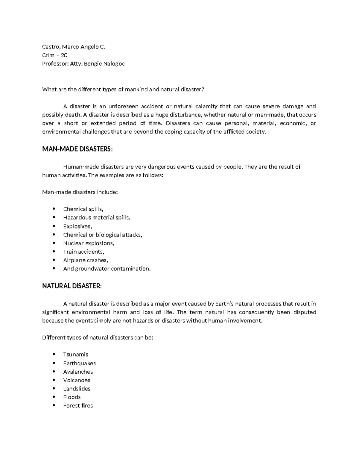 Crim-2C Lecture Notes: Types of Man-Made and Natural Disasters - Studocu