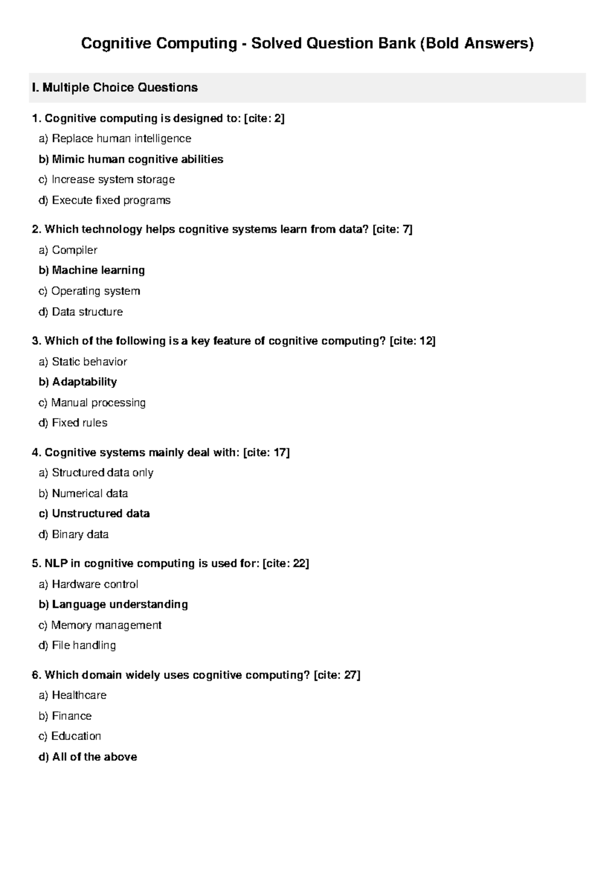 Cognitive Computing Quiz Question Bank (Bold Answers) - Studocu