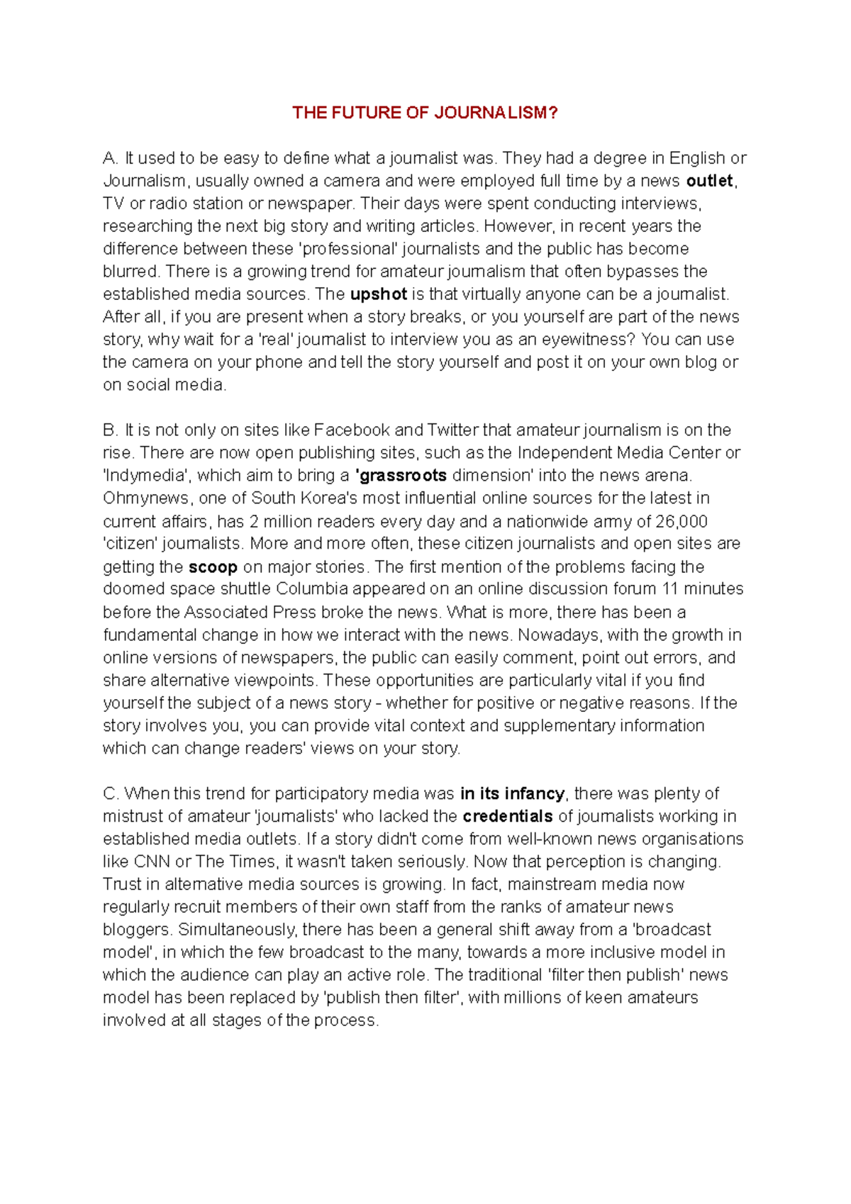 Revised Title: Practice TEST (Reading) - The Evolution of Journalism ...