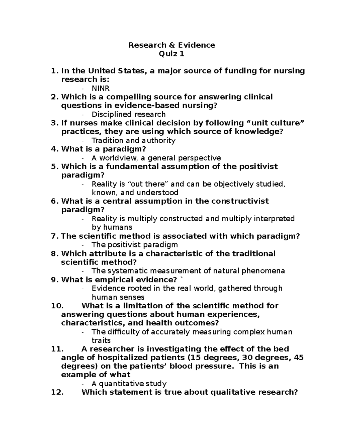 Quiz 1 (1+2) - Evidence-Based Nursing Research Concepts - Studocu