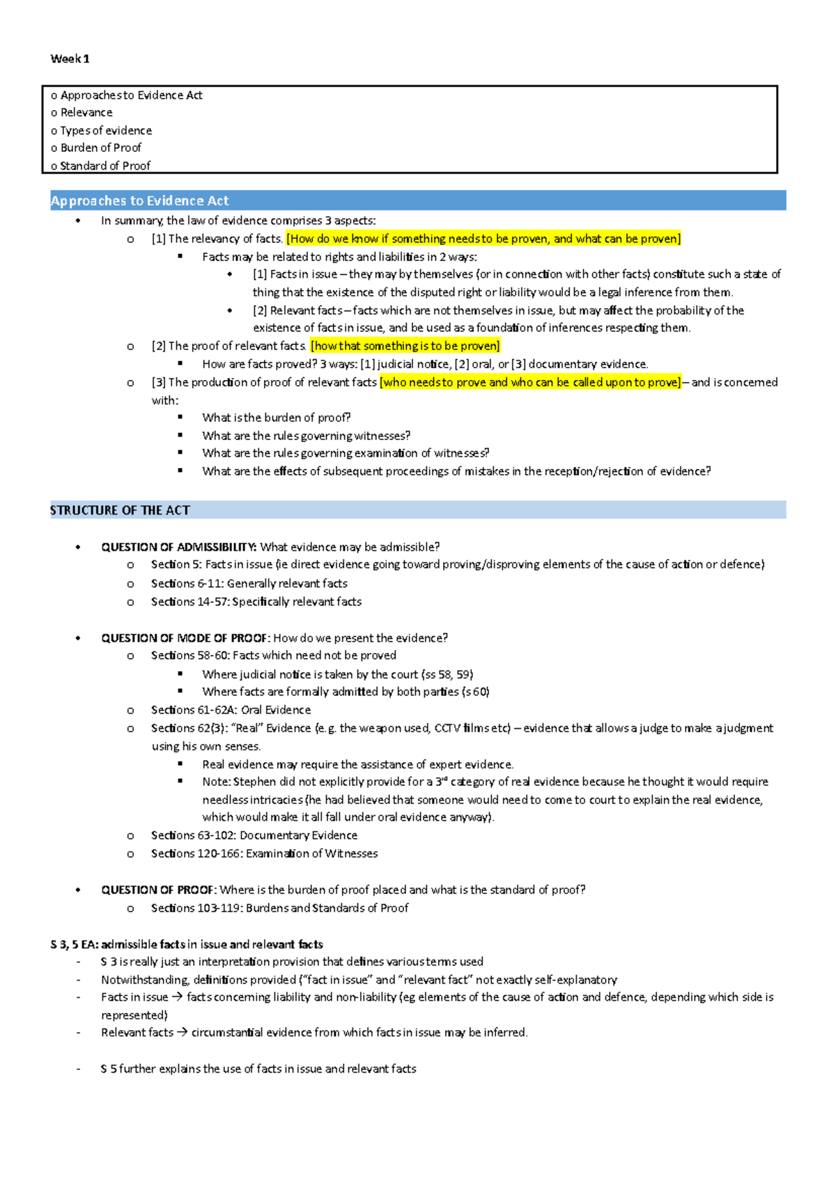 Week 1 Lecture Notes on Evidence Law - Prof. Chen Siyuan - Studocu