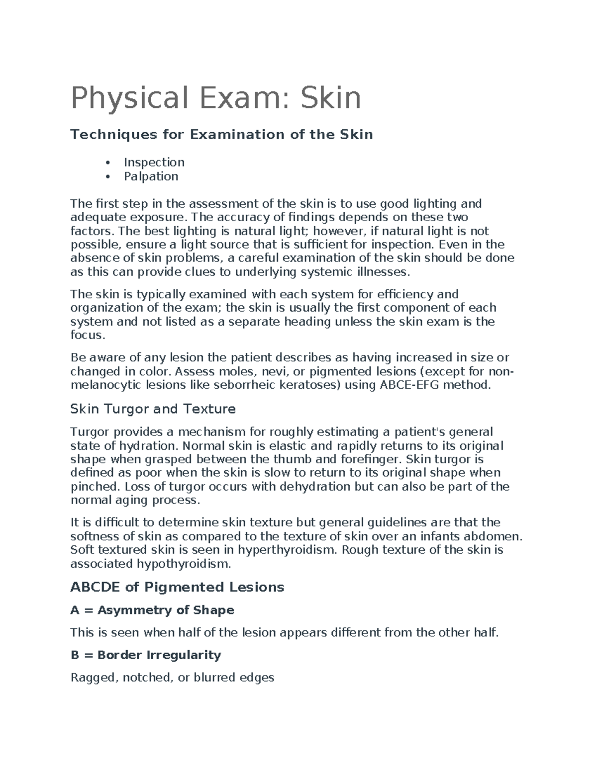 Physical Exam: Skin Techniques and Assessment Methods - Studocu