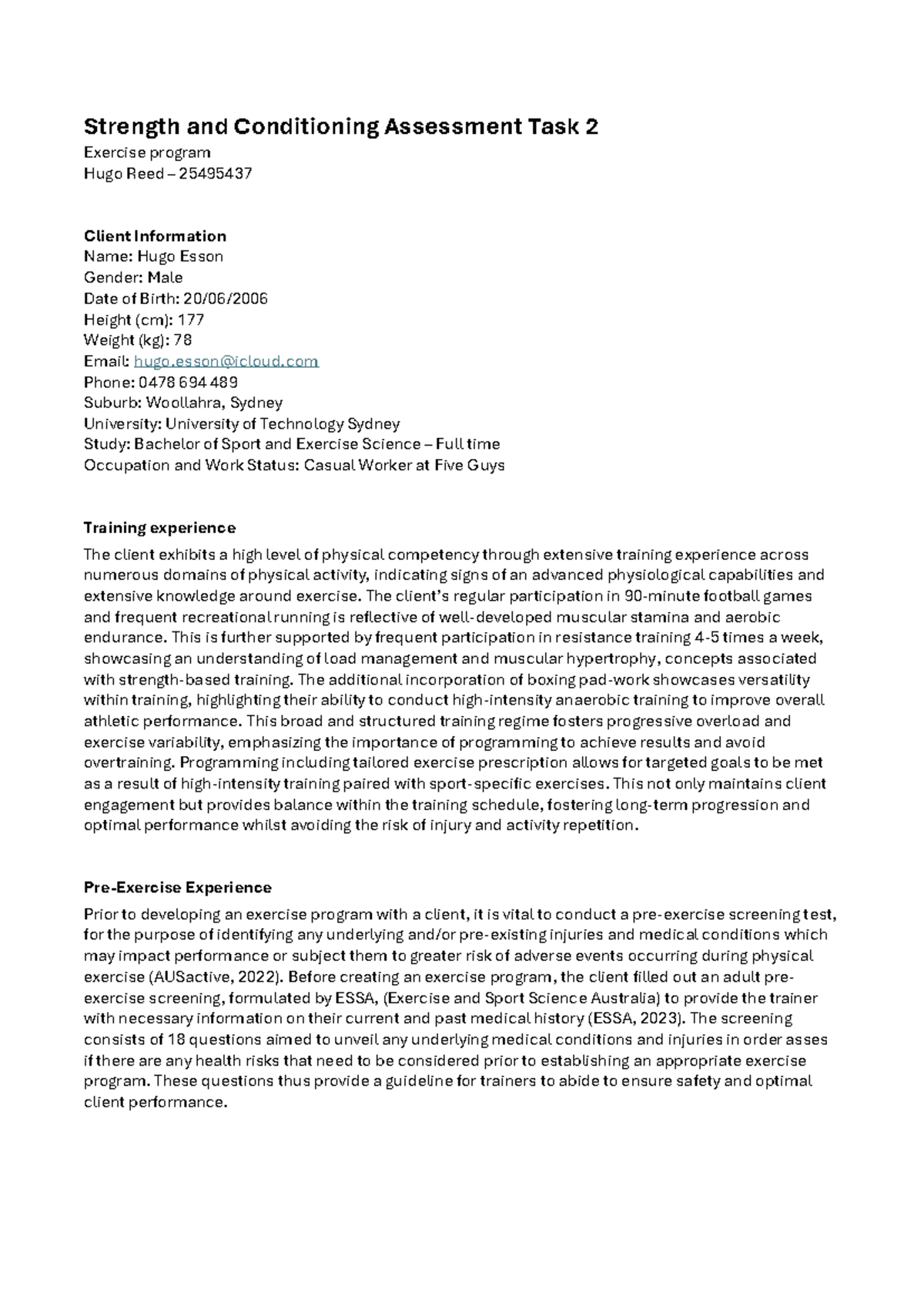 Strength and Conditioning Assessment Task 2: Exercise Program for Hugo ...