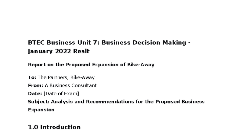 BTEC Business Unit 7: Business Decision Making - Expansion Analysis ...