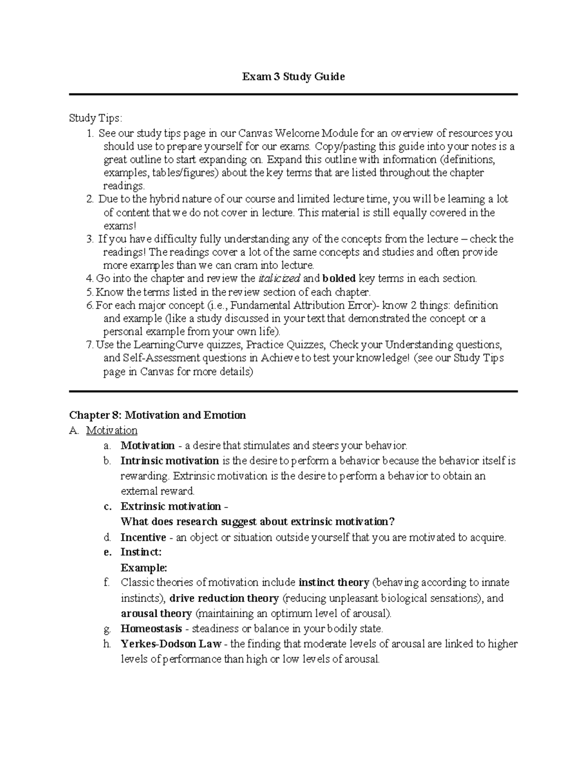 Exam 3 Study Guide: Key Concepts and Topics in Motivation and Emotion ...