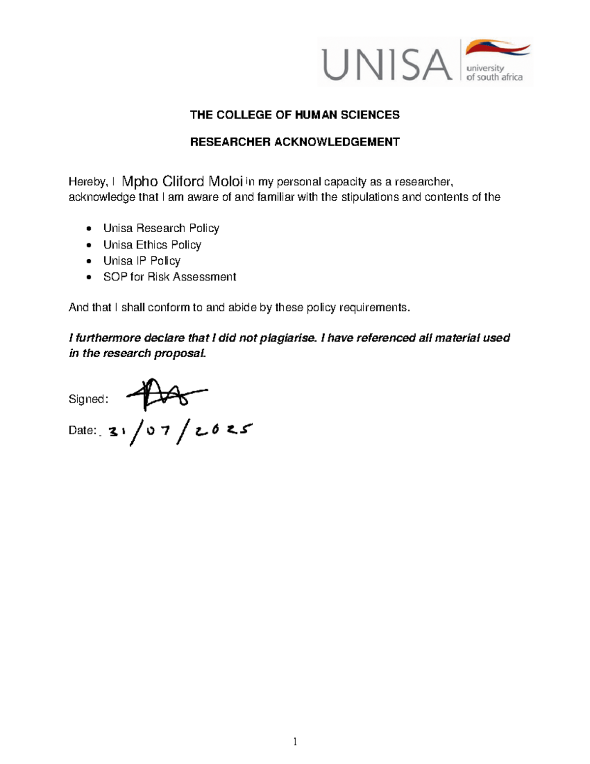 Research Acknowledgment form - 1 THE COLLEGE OF HUMAN SCIENCES ...