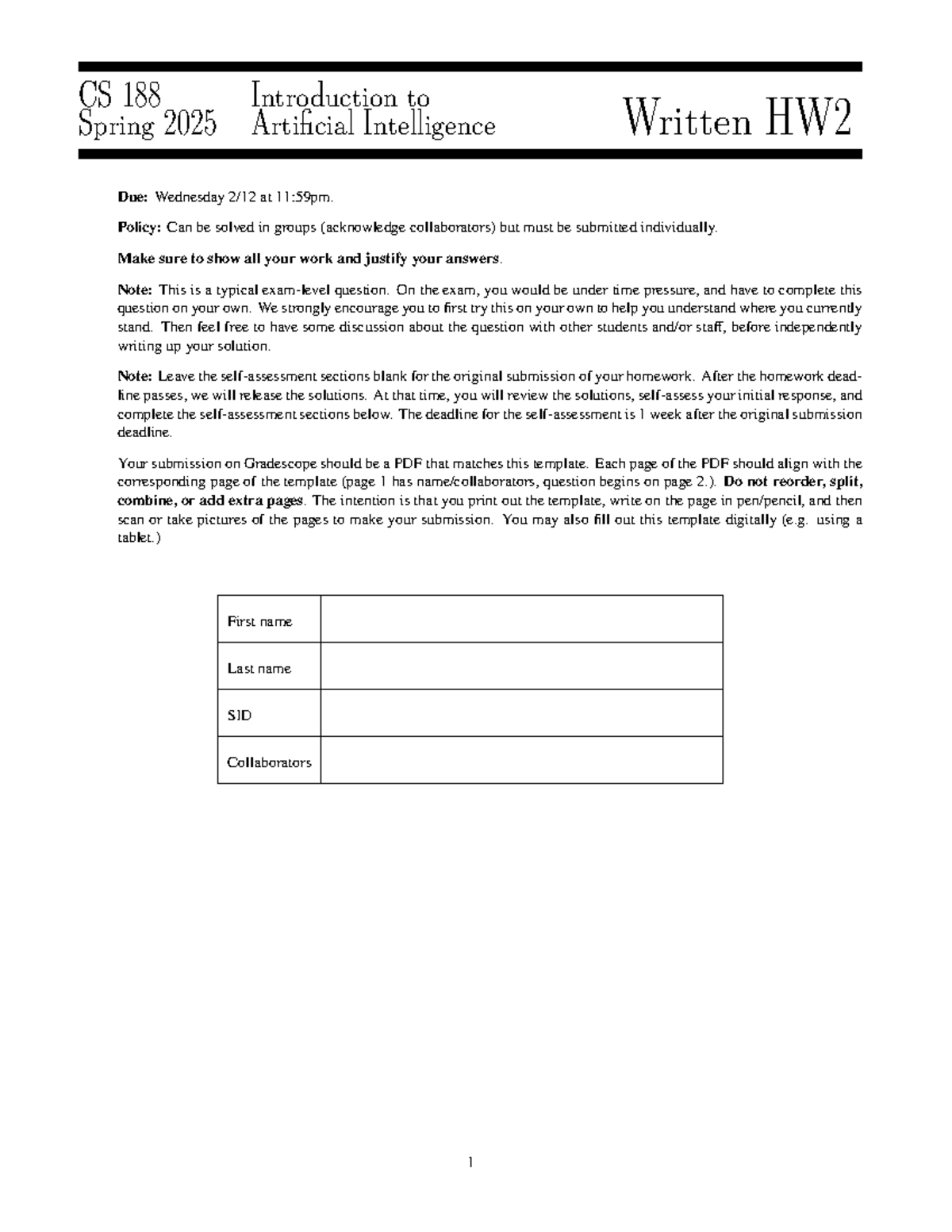 CS 188 Spring 2025 - Weekly Assignment on AI Concepts and CSP - Studocu