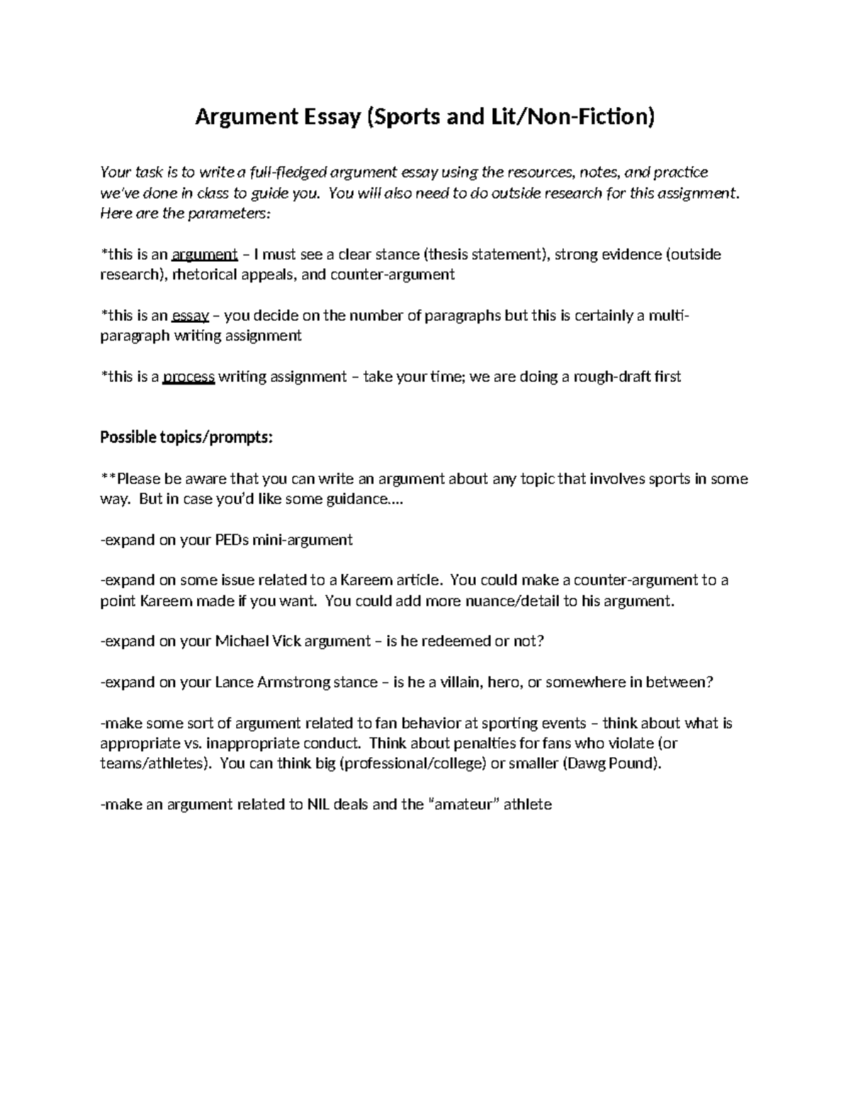Argument Essay (Sports): Exploring Key Issues and Perspectives - Studocu