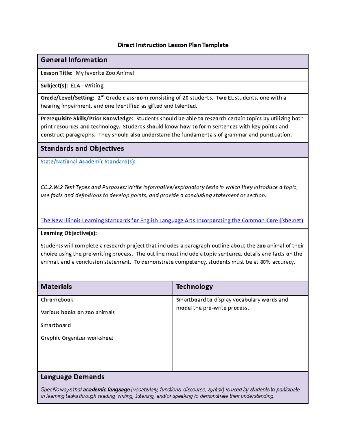 Language Art C380 task 1 - Direct Instruction Lesson Plan Template ...