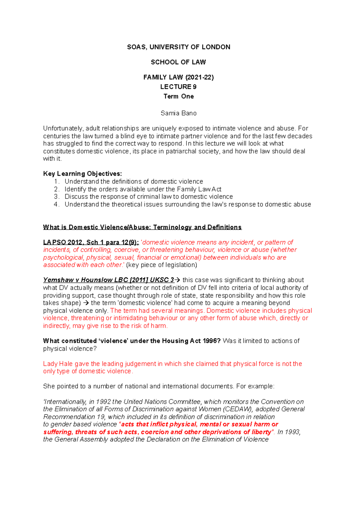 FAMILY LAW (2021-22) LECTURE 9: Understanding Domestic Violence - Studocu