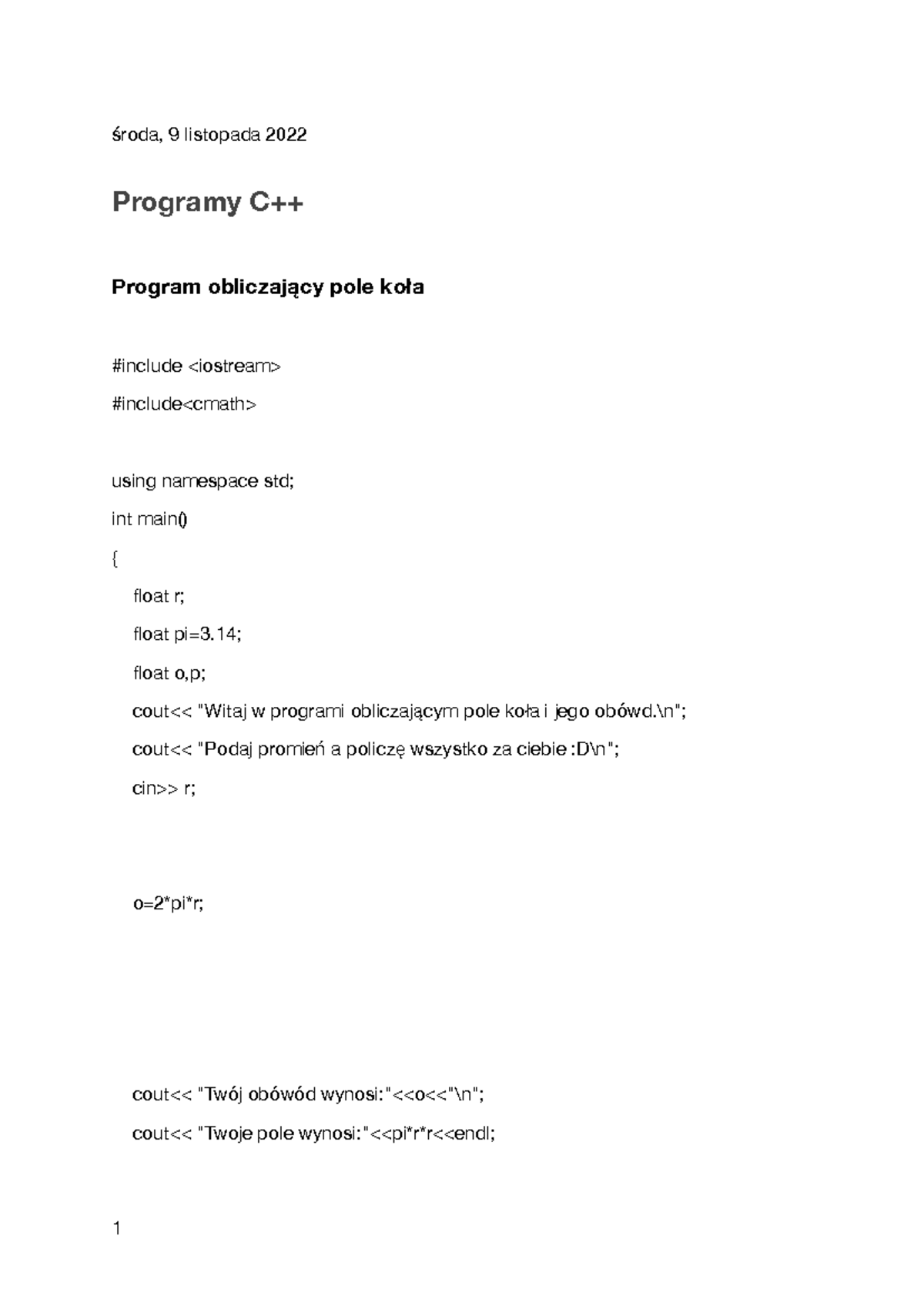 Programy w C++ - Obliczanie pola koła i podatku - Studocu