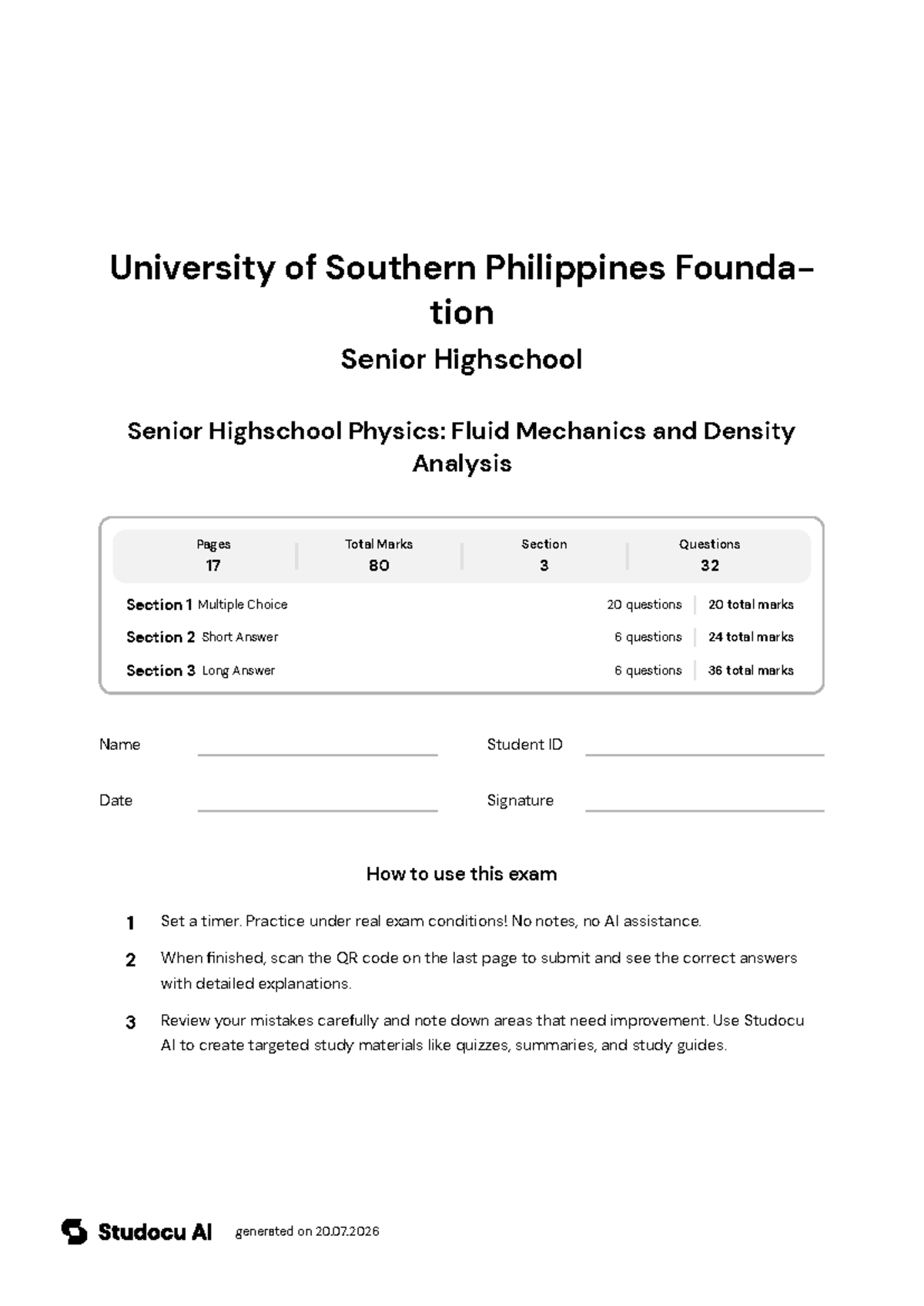 SHS Physics Final Exam: Fluid Mechanics & Density - Studocu