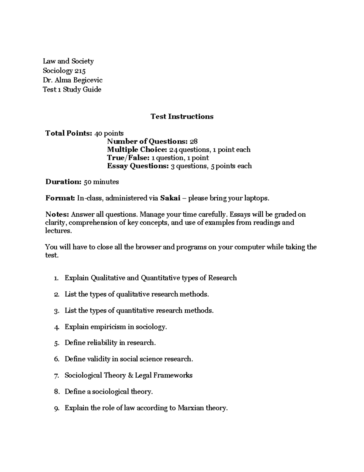 Sociology 215: Test 1 Study Guide on Law and Society Concepts - Studocu