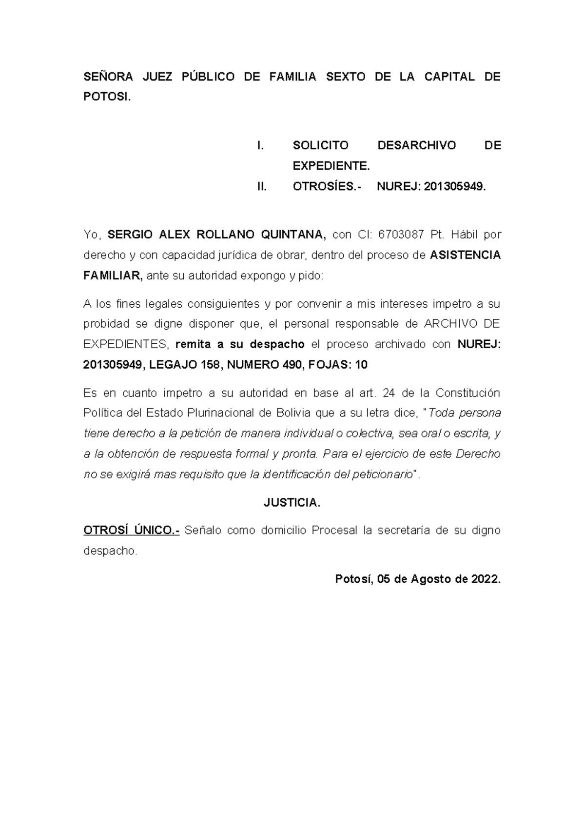 Solicitud de Desarchivo en Proceso Familiar - NUREJ: 201305949 - Document Preview