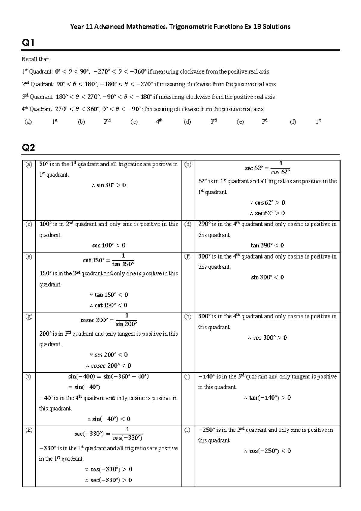 Year 11 Advanced Mathematics: Trigonometric Functions Ex 1B Solutions ...
