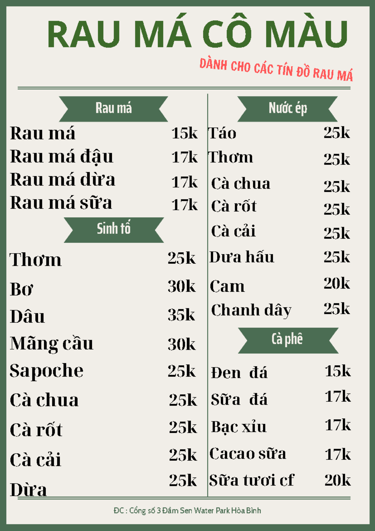 Menu Mới - Đồ Uống Rau Má và Giá Cả - Studocu