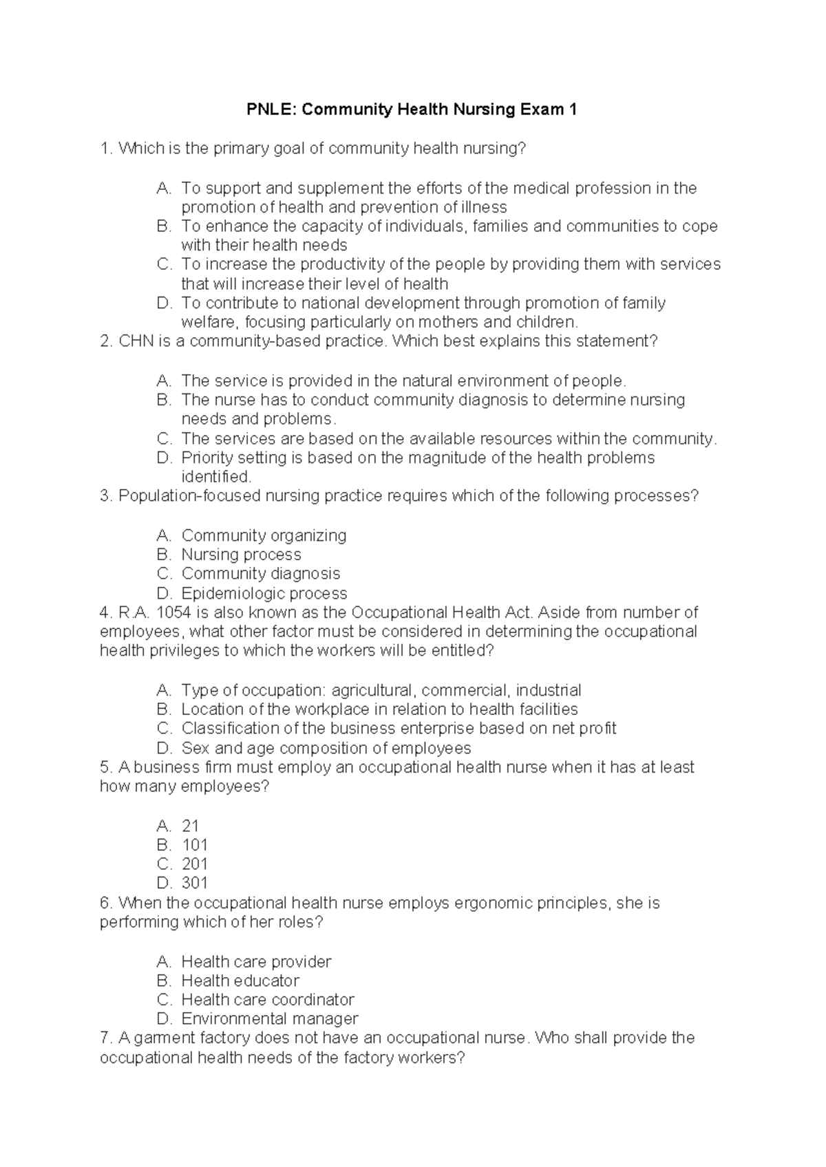 PNLE: Community Health Nursing Exam Review Notes 1-5 - Studocu