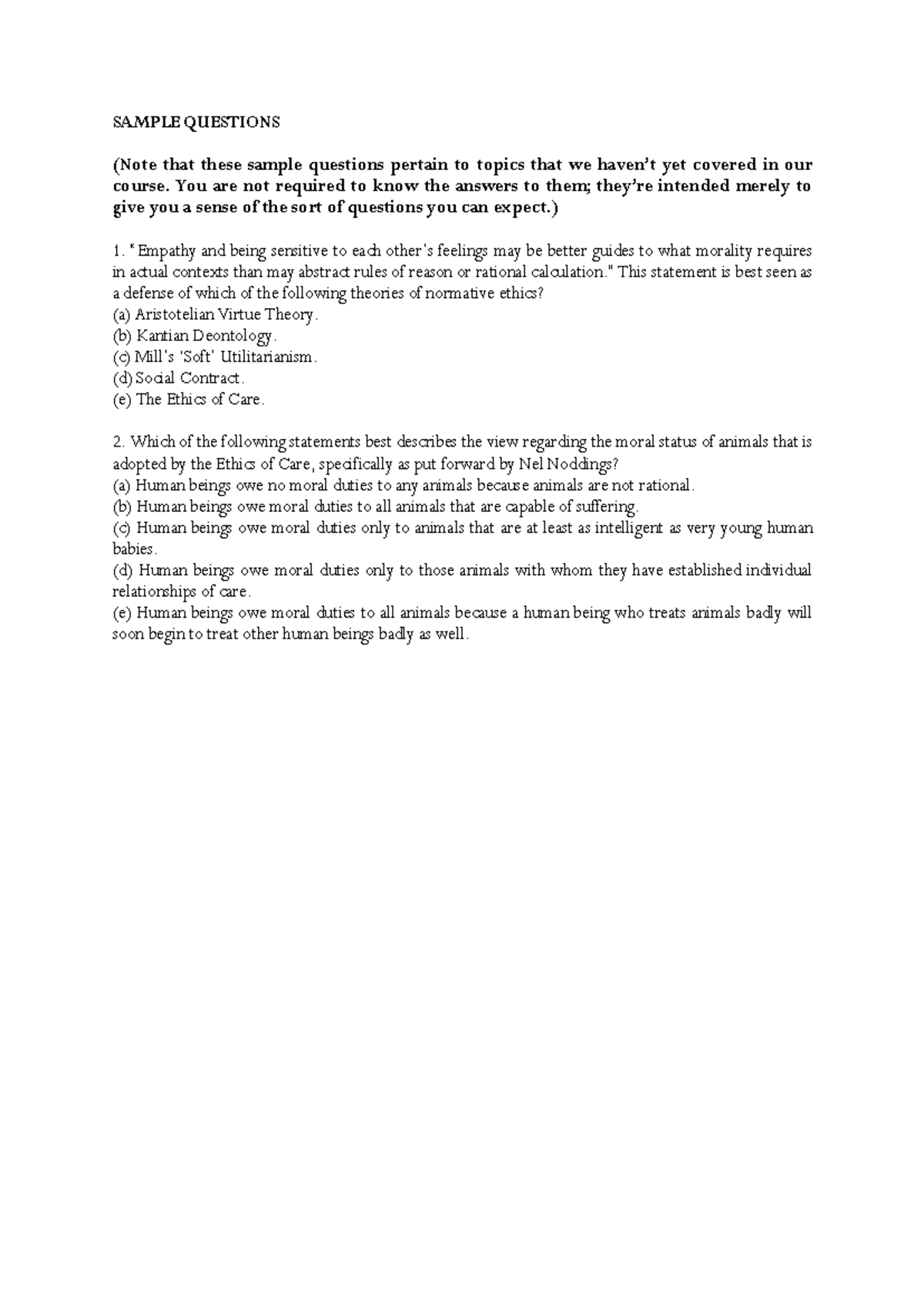 PHIL 101: Sample Questions on Normative Ethics Topics - Studocu