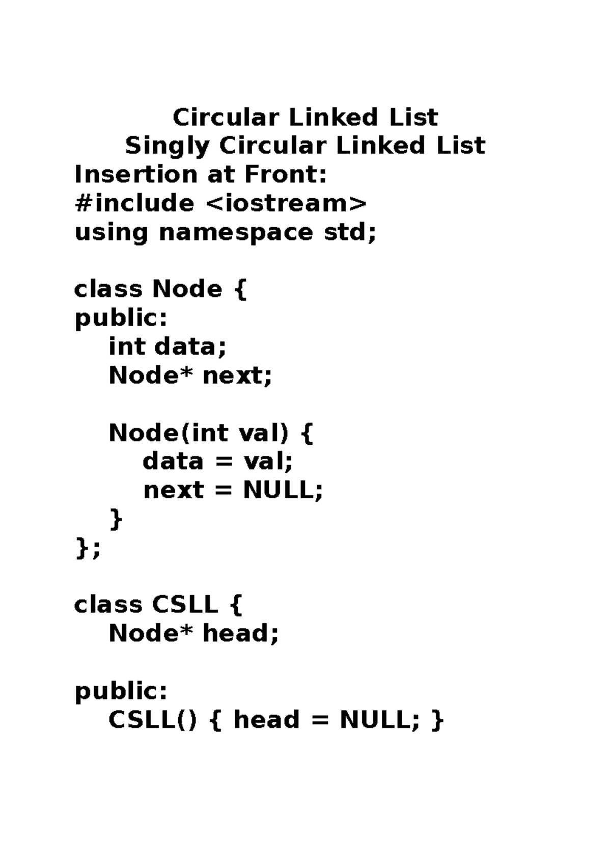 CSLL - Circular Linked List Operations and Code Examples - Studocu